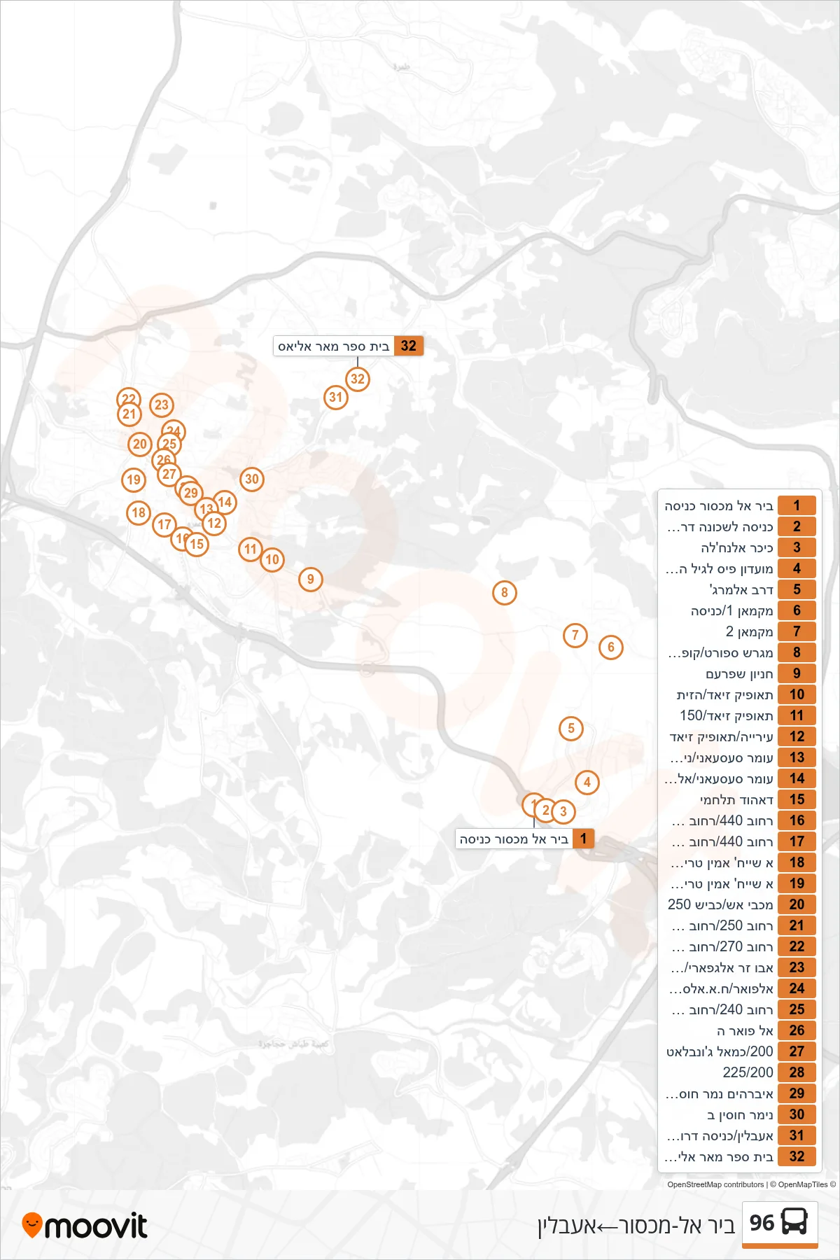96 bus Line (Bir al-Maksur‎→I'billin) route and stops on a map
