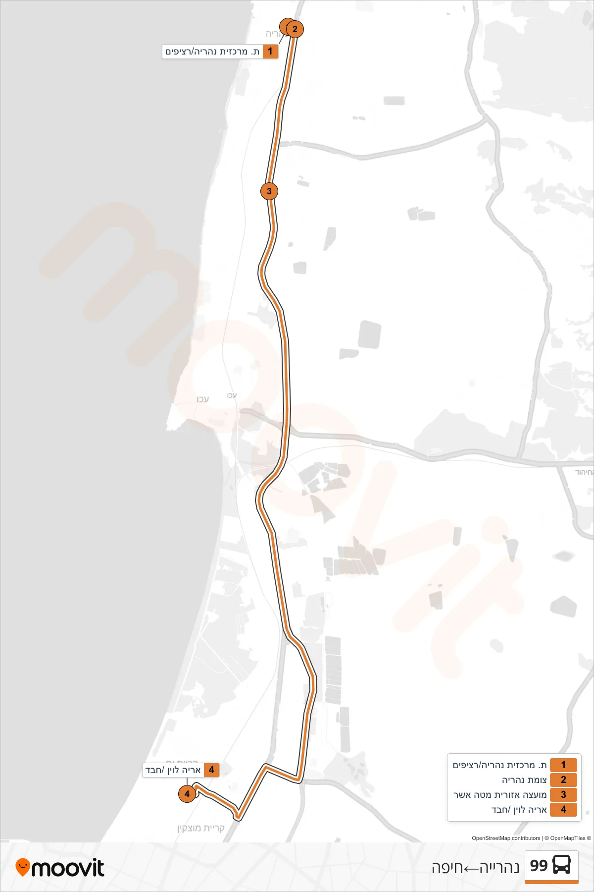 99  Line (Nahariya‎→Haifa) route and stops on a map