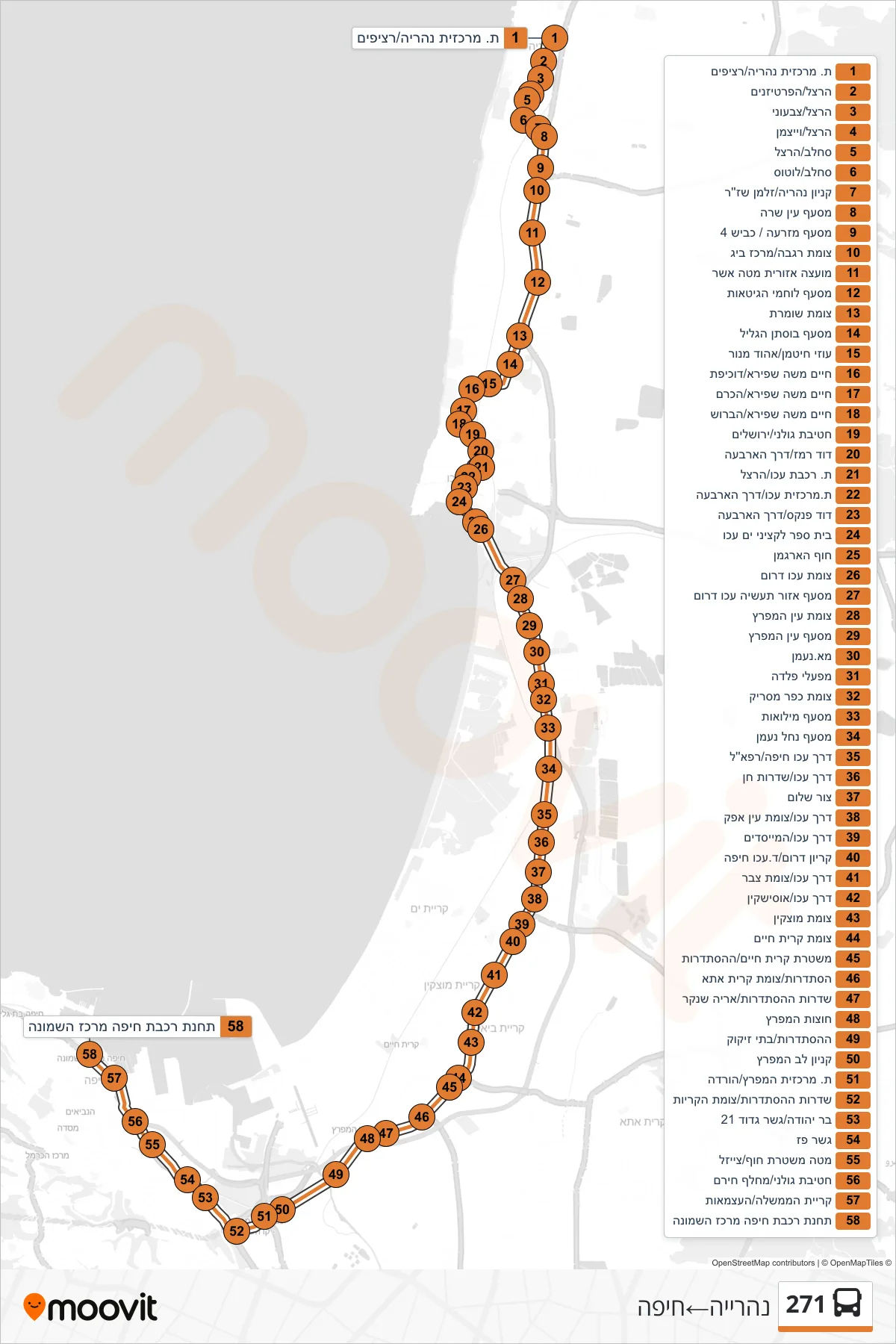271 bus Line (Nahariya‎→Haifa) route and stops on a map