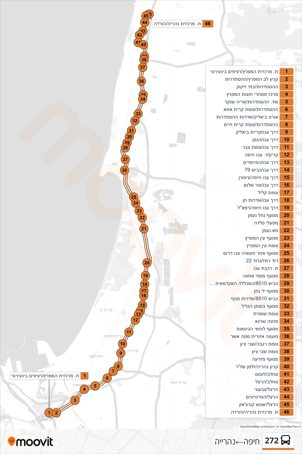 272 bus Line (Haifa‎→Nahariya) route and stops on a map