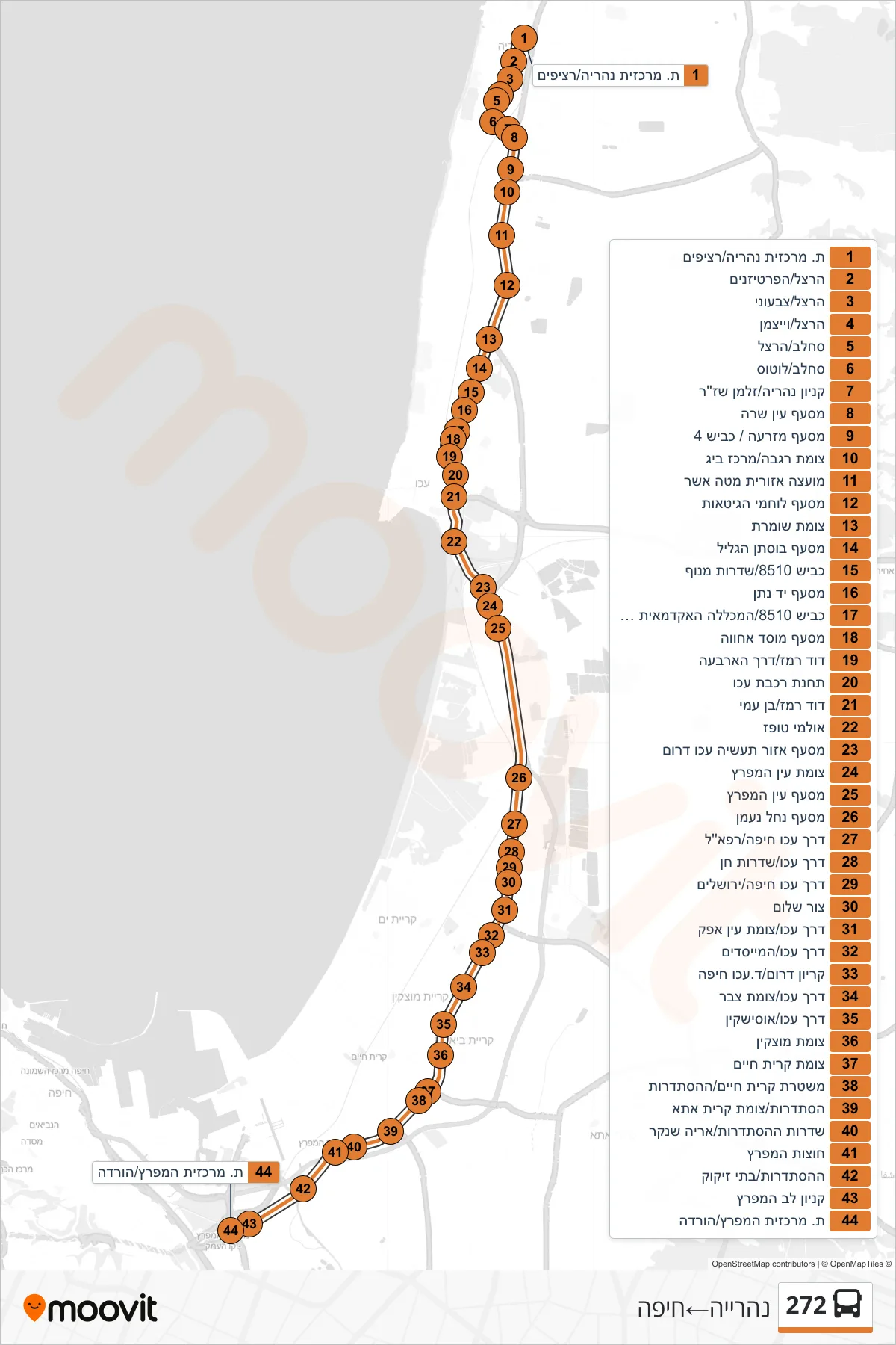 272 bus Line (Nahariya‎→Haifa) route and stops on a map