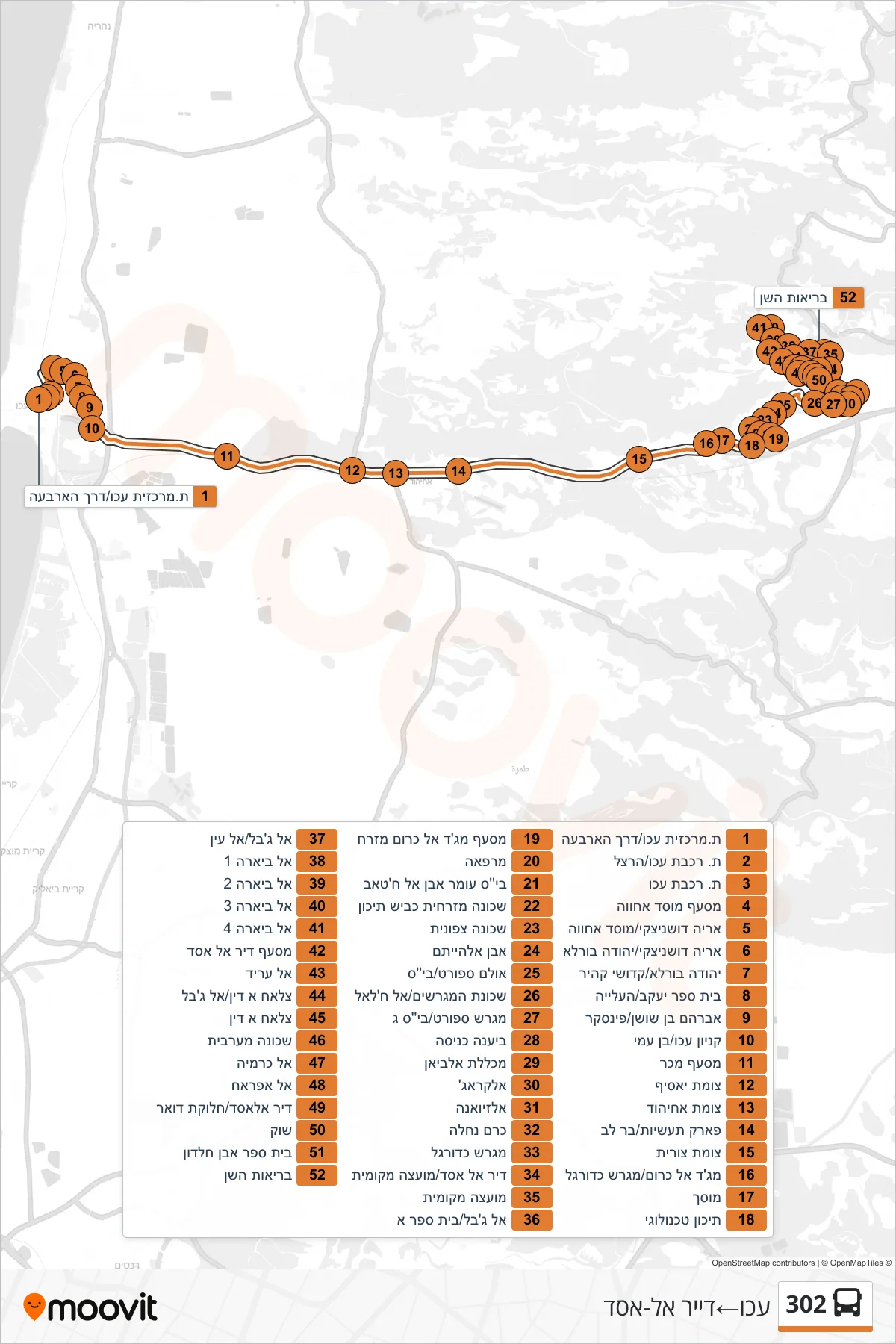 302 bus Line (Acre‎→Deir al-Asad) route and stops on a map