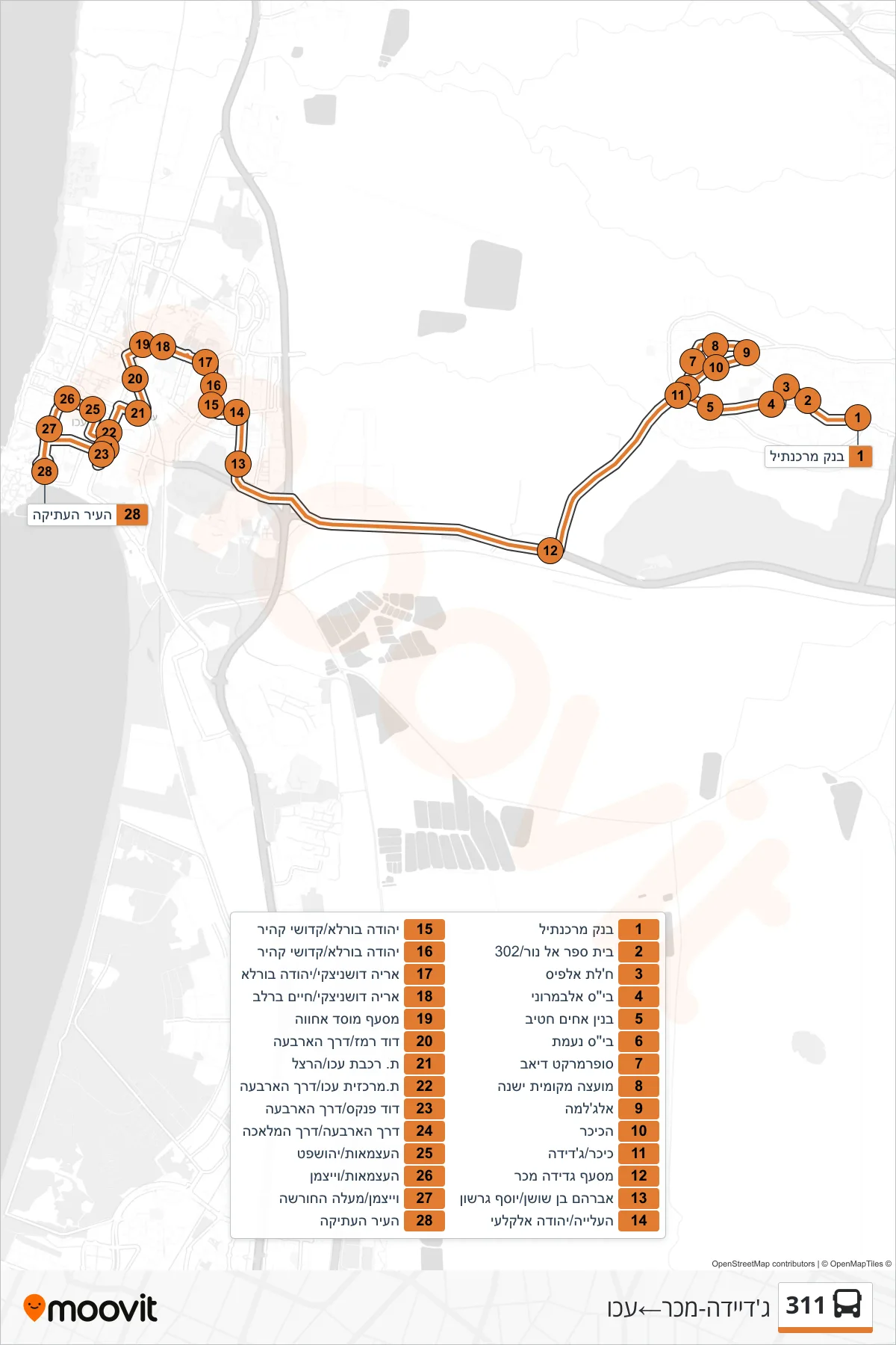 311 bus Line (Judeida-Makr→Acre) route and stops on a map