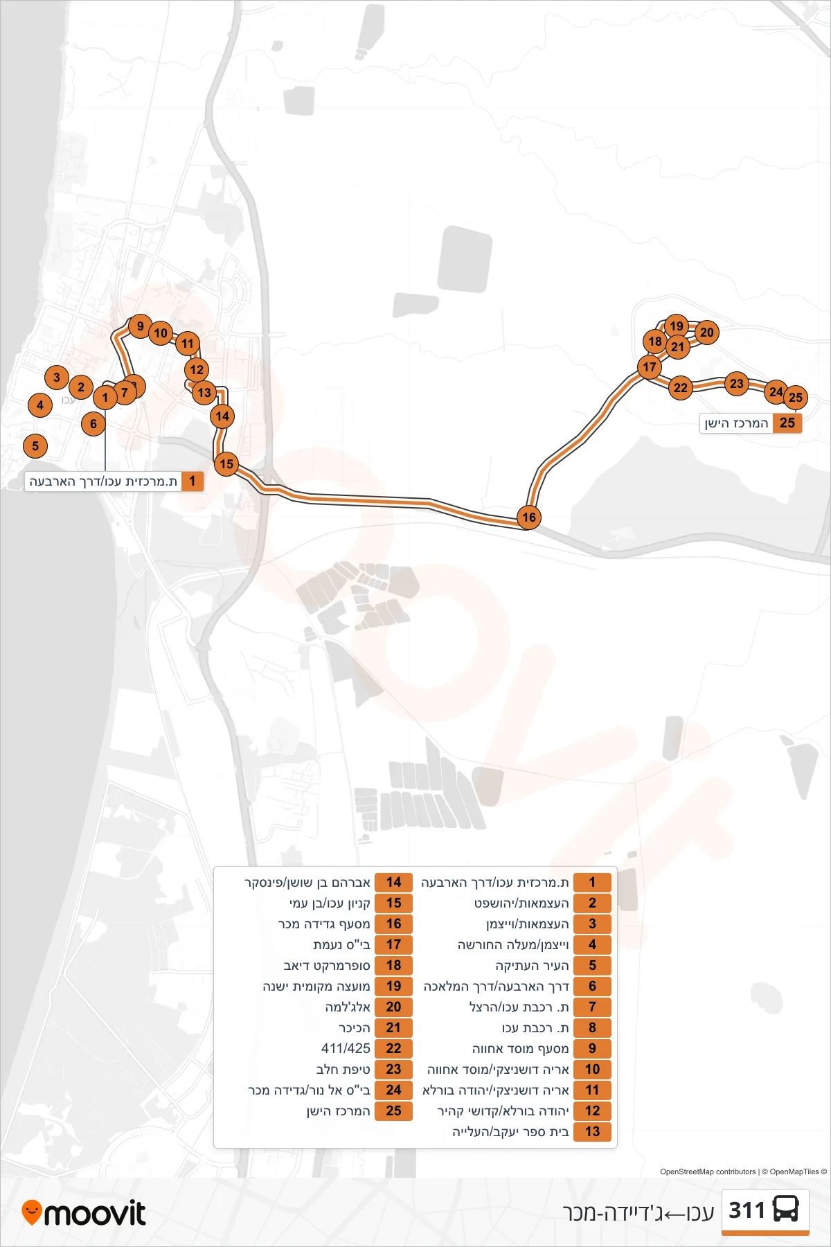 311 bus Line (Acre‎→Judeida-Makr) route and stops on a map