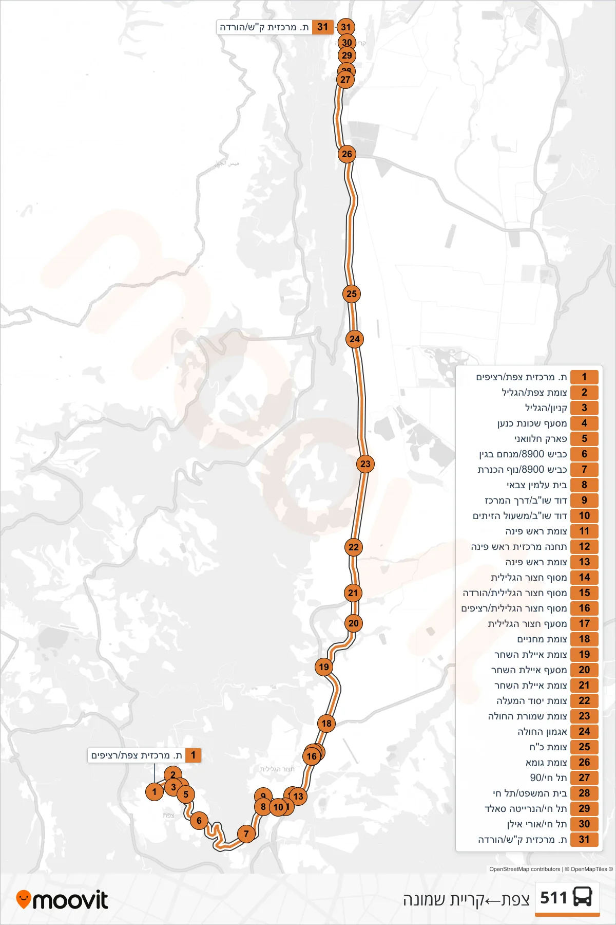 511 bus Line (Safed‎→Kiryat Shmona) route and stops on a map