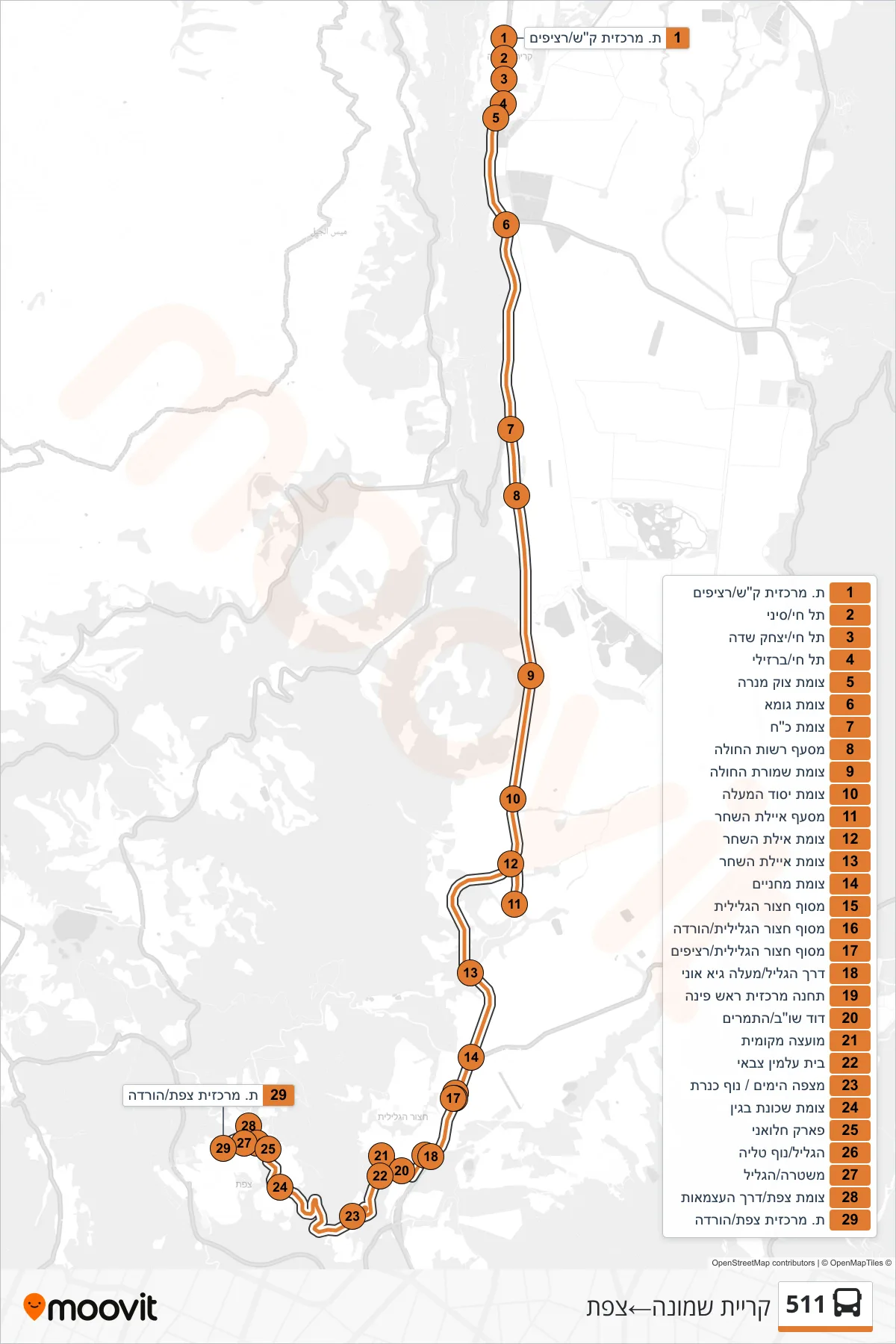 511 bus Line (Kiryat Shmona‎→Safed) route and stops on a map