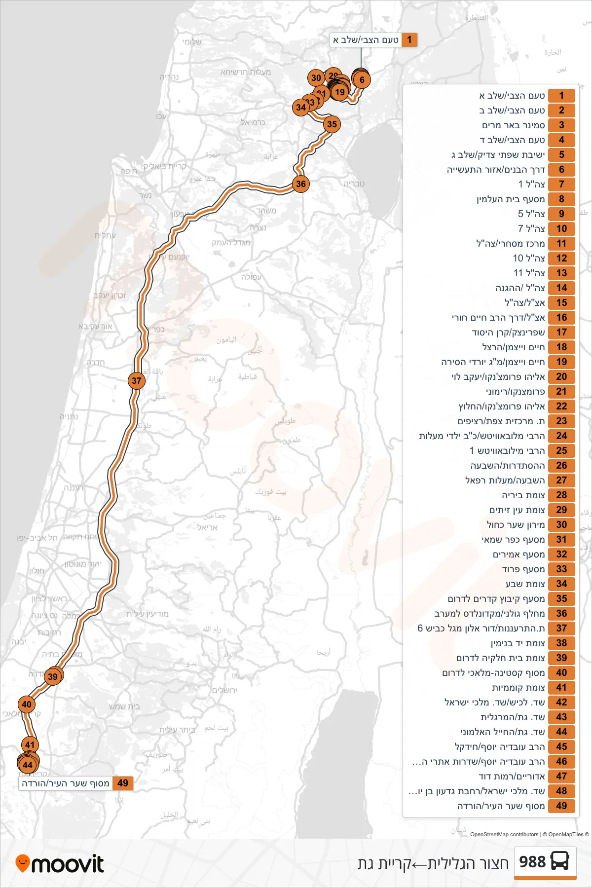 988  Line (Hatzor HaGlilit‎→Kiryat Gat) route and stops on a map