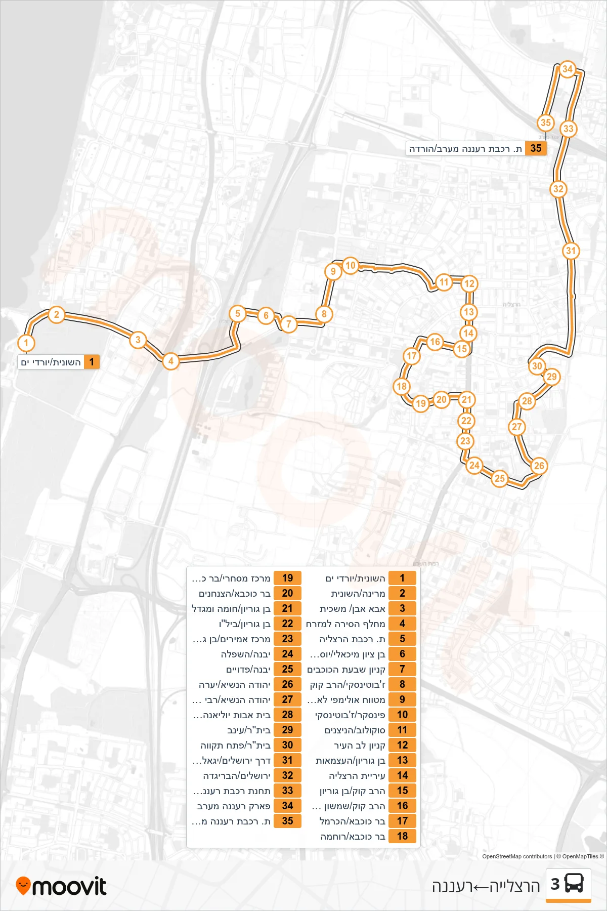 3  Line (Herzliya‎→Ra'anana) route and stops on a map