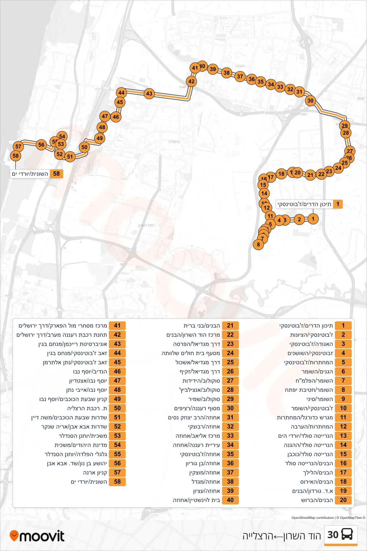 30 bus Line (Hod HaSharon‎→Herzliya) route and stops on a map