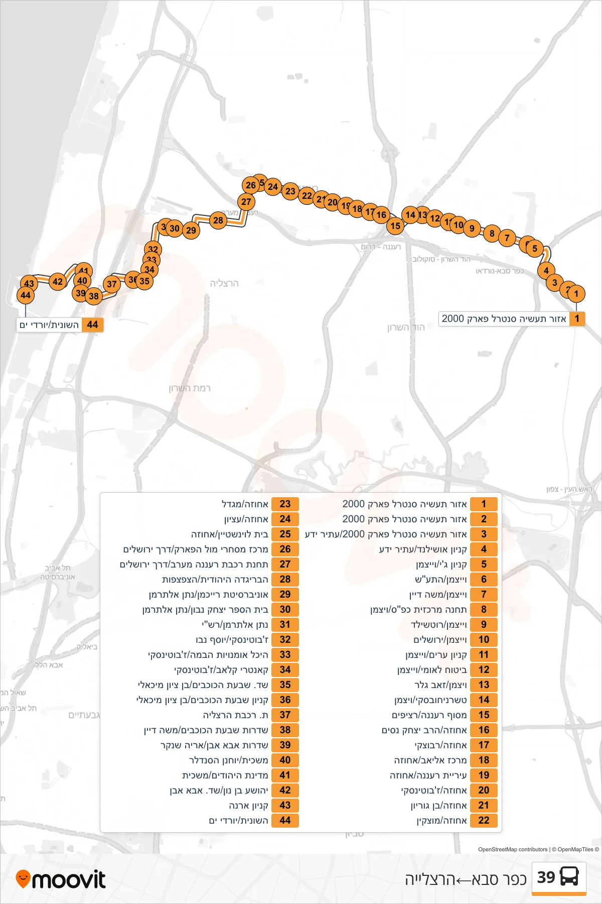 39 bus Line (Kfar Saba‎→Herzliya) route and stops on a map