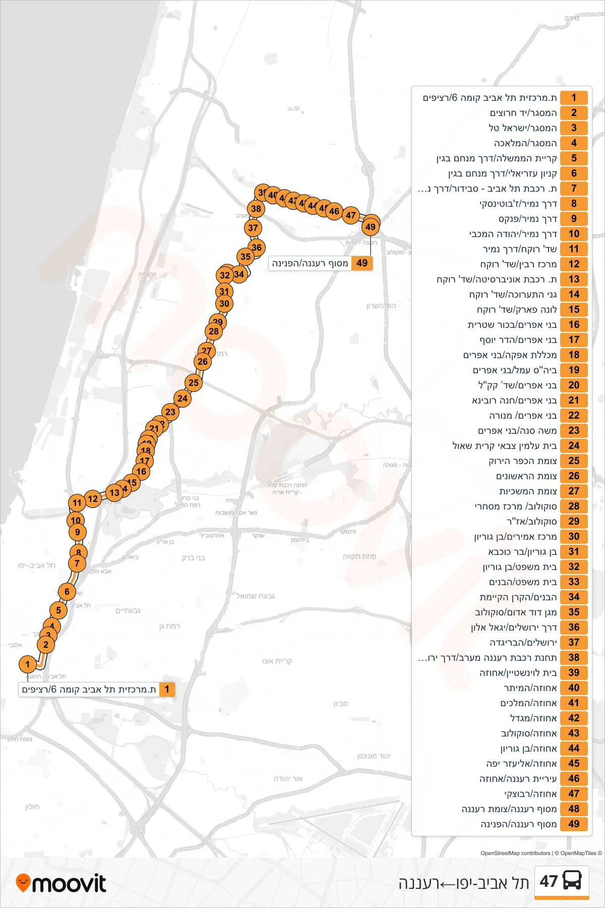 47 bus Line (Tel Aviv-Yafo‎→Ra'anana) route and stops on a map