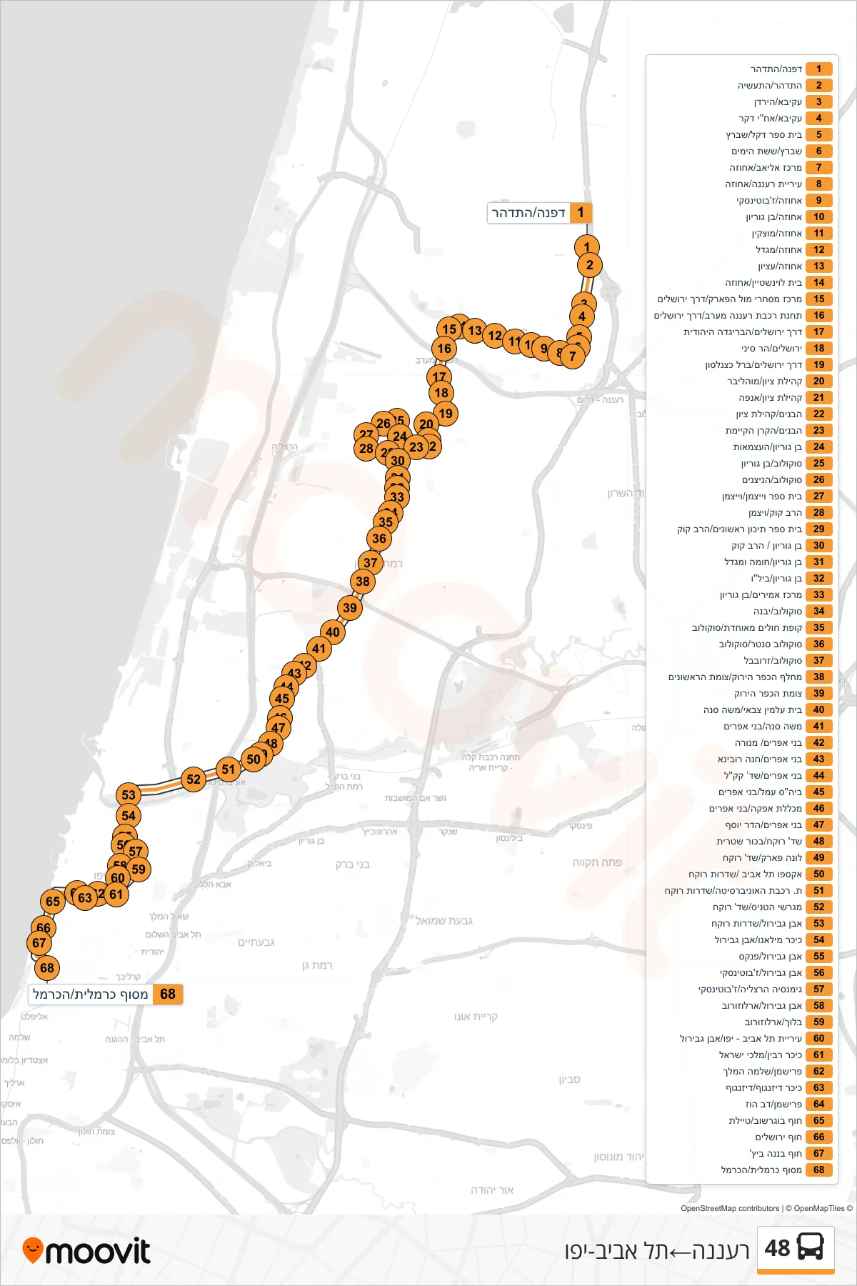 48  Line (Ra'anana‎→Tel Aviv-Yafo) route and stops on a map