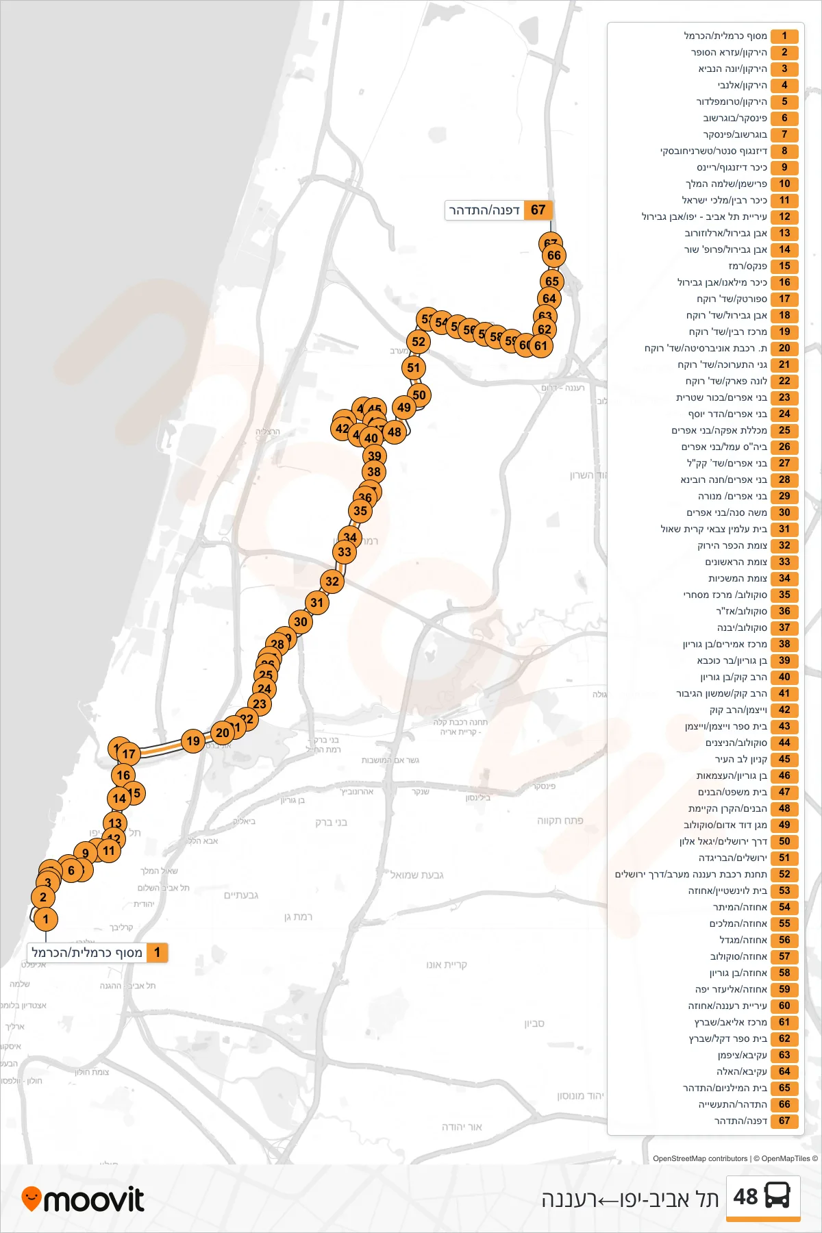 48 bus Line (Tel Aviv-Yafo‎→Ra'anana) route and stops on a map