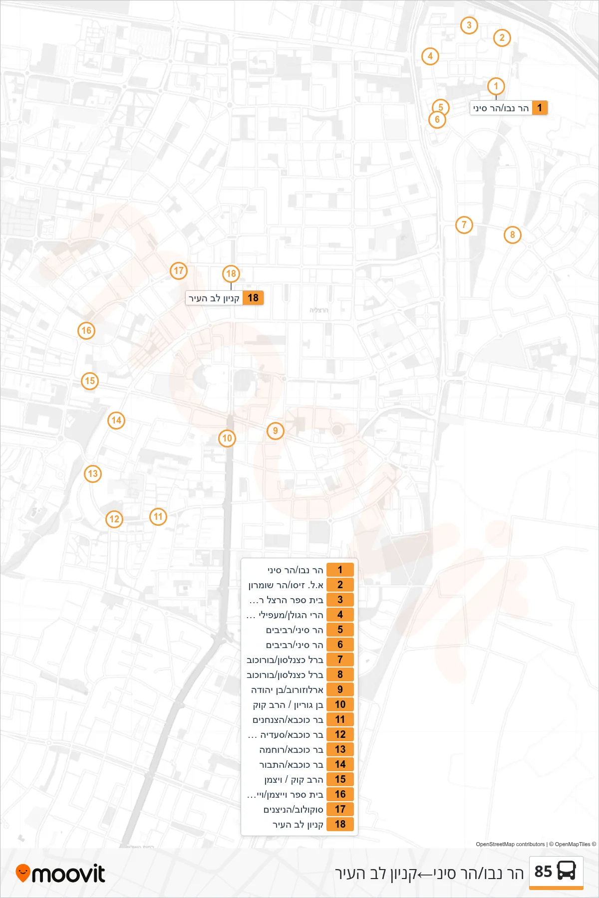 85 bus Line (Mount Nebo/Mount Sinai‎→City Heart Mall) route and stops on a map