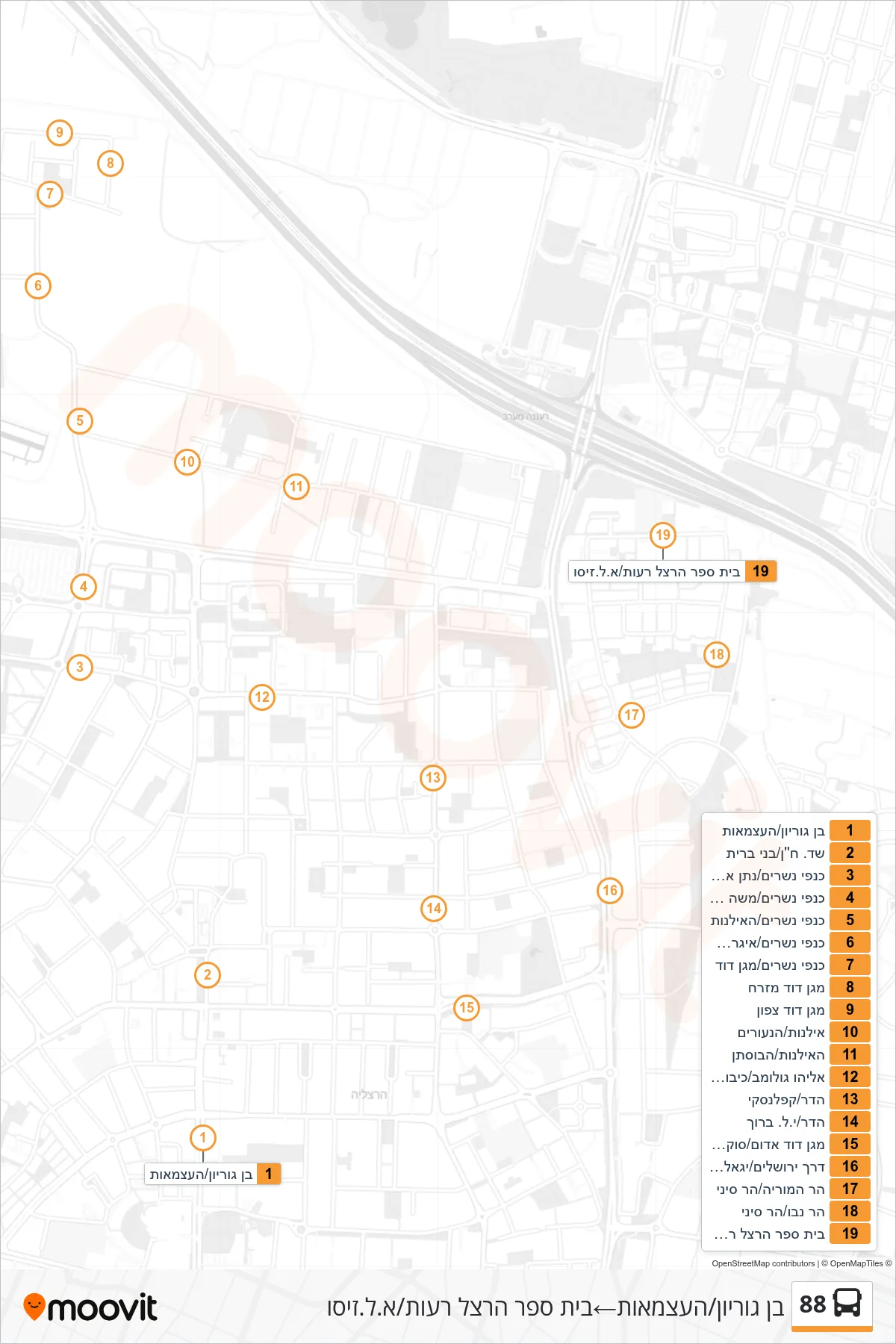 88 bus Line (Ben Gurion/HaAtzmaut‎→Herzl School Reut/A.L. Ziso) route and stops on a map