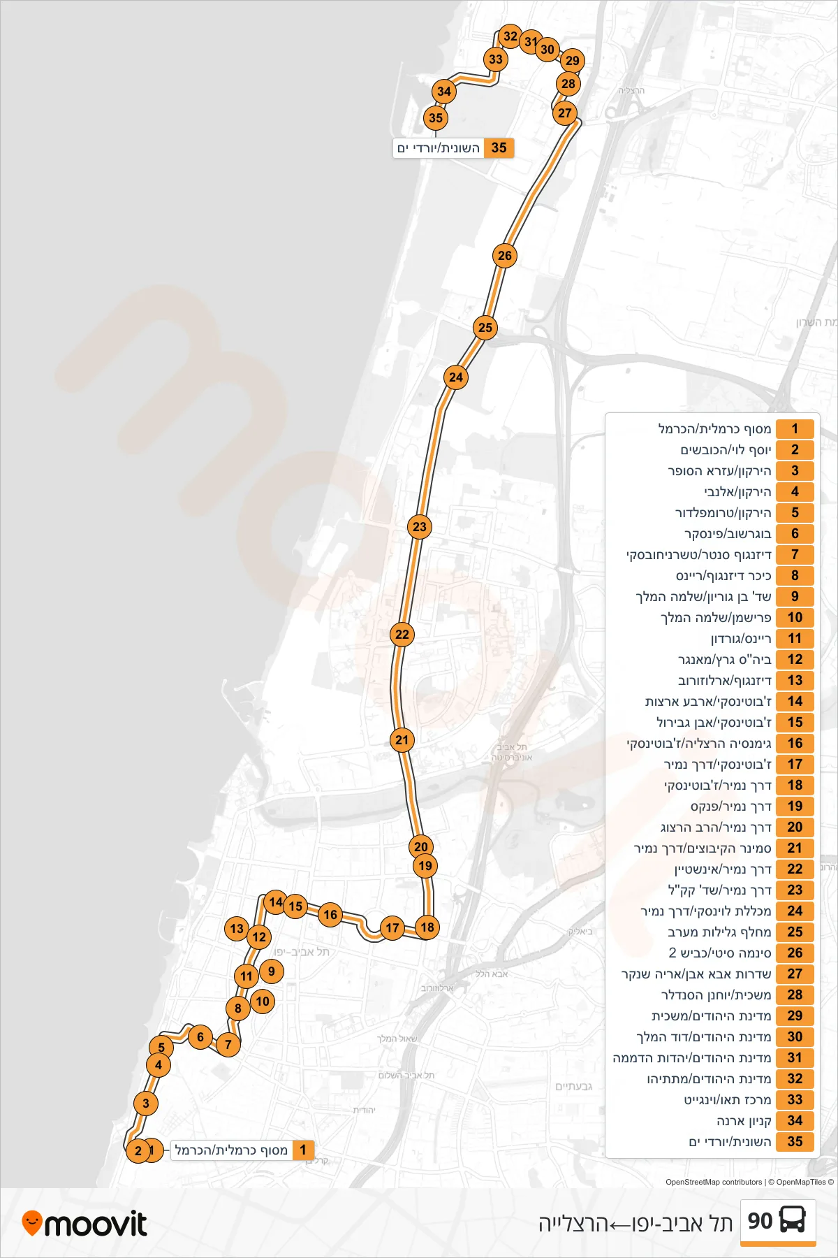 90  Line (Tel Aviv-Yafo‎→Herzliya) route and stops on a map