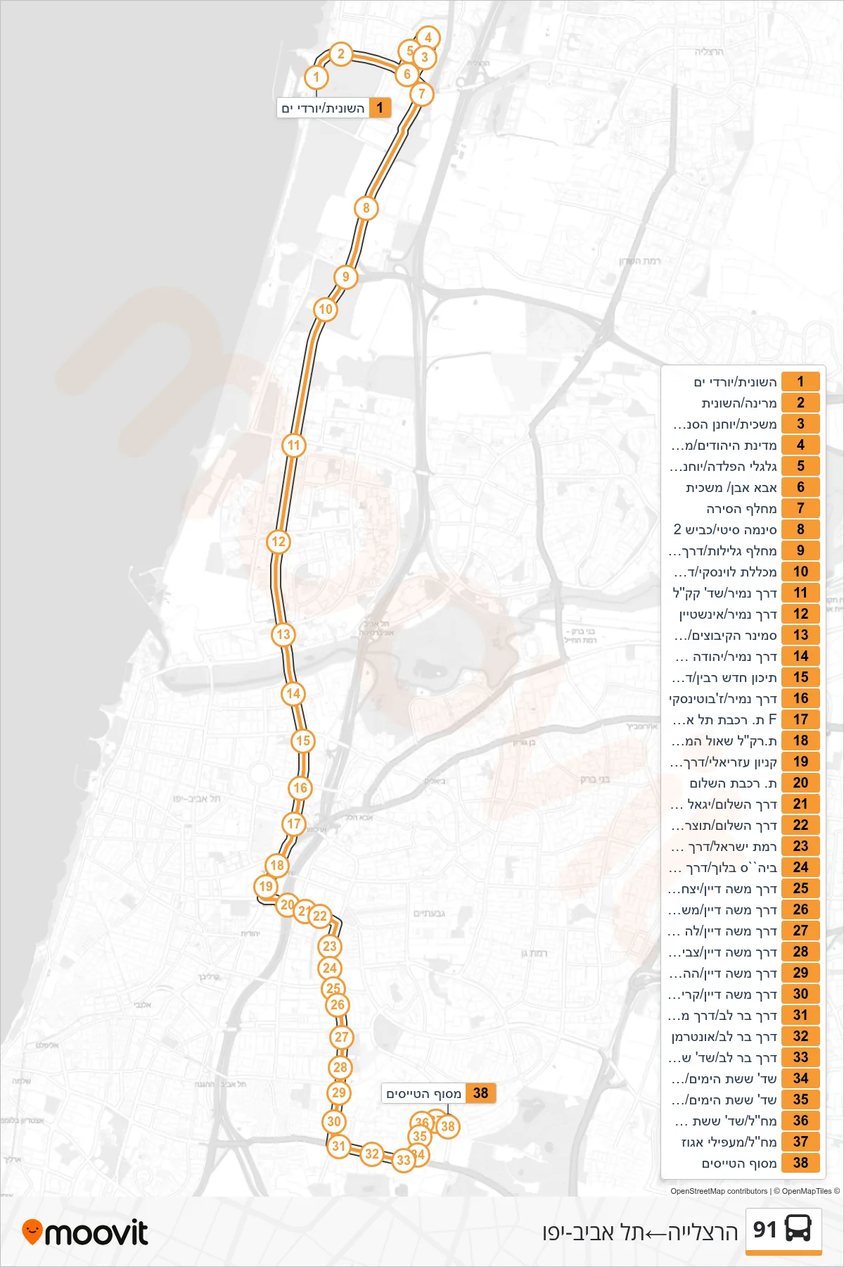 91  Line (Herzliya‎→Tel Aviv-Yafo) route and stops on a map