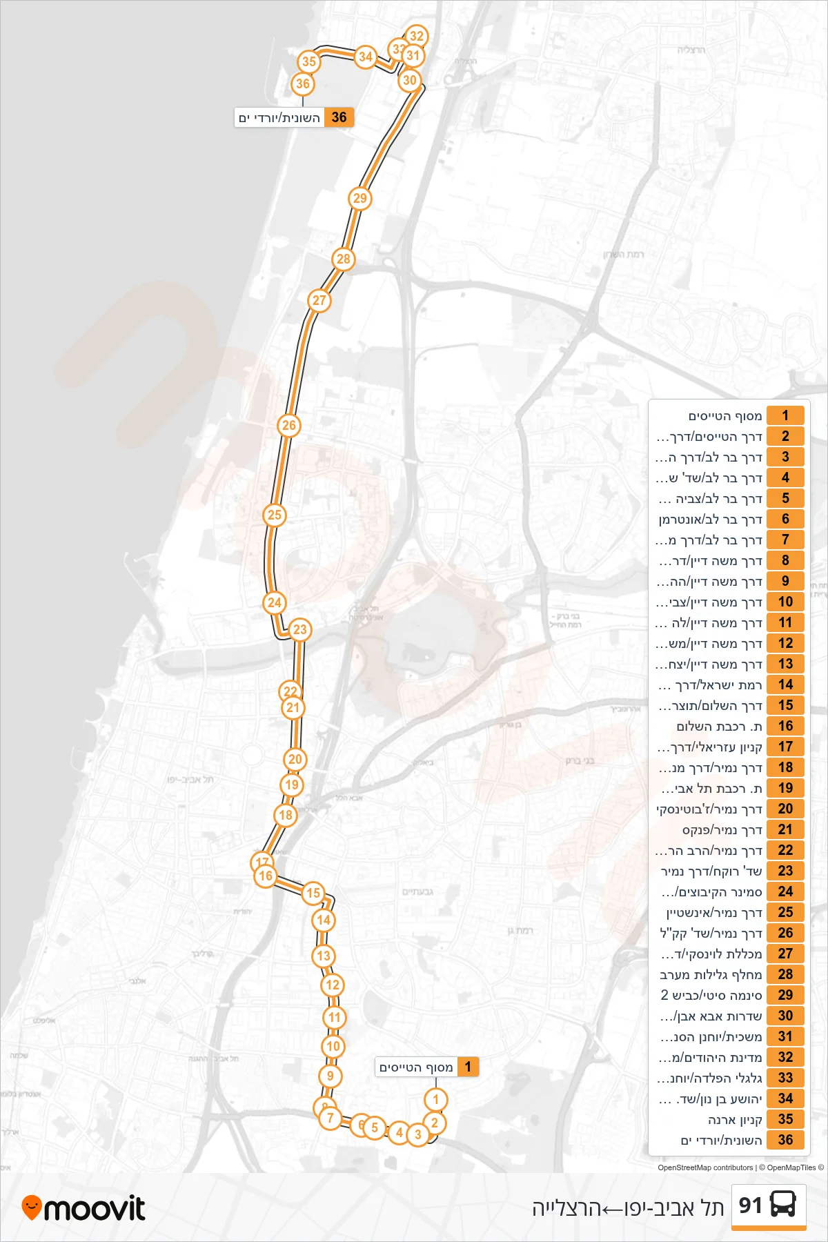 91 bus Line (Tel Aviv-Yafo‎→Herzliya) route and stops on a map