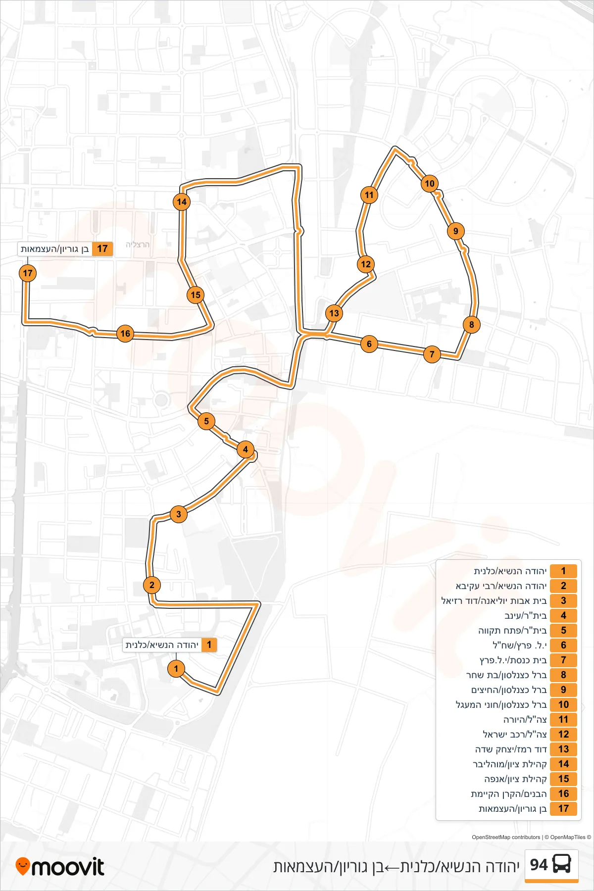 94 bus Line (Yehuda HaNasi/Kalanit‎→Ben Gurion/HaAtzmaut) route and stops on a map