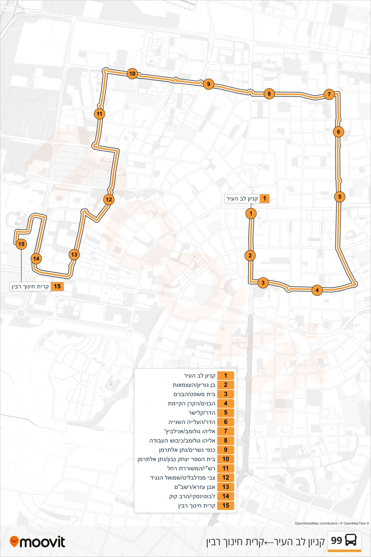 99 bus Line (City Heart Mall‎→Rabin Education Campus) route and stops on a map