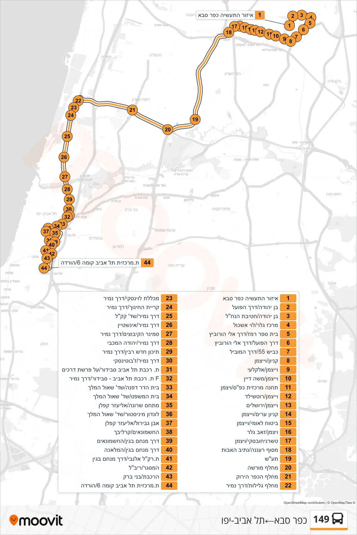 149 bus Line (Kfar Saba‎→Tel Aviv-Yafo) route and stops on a map