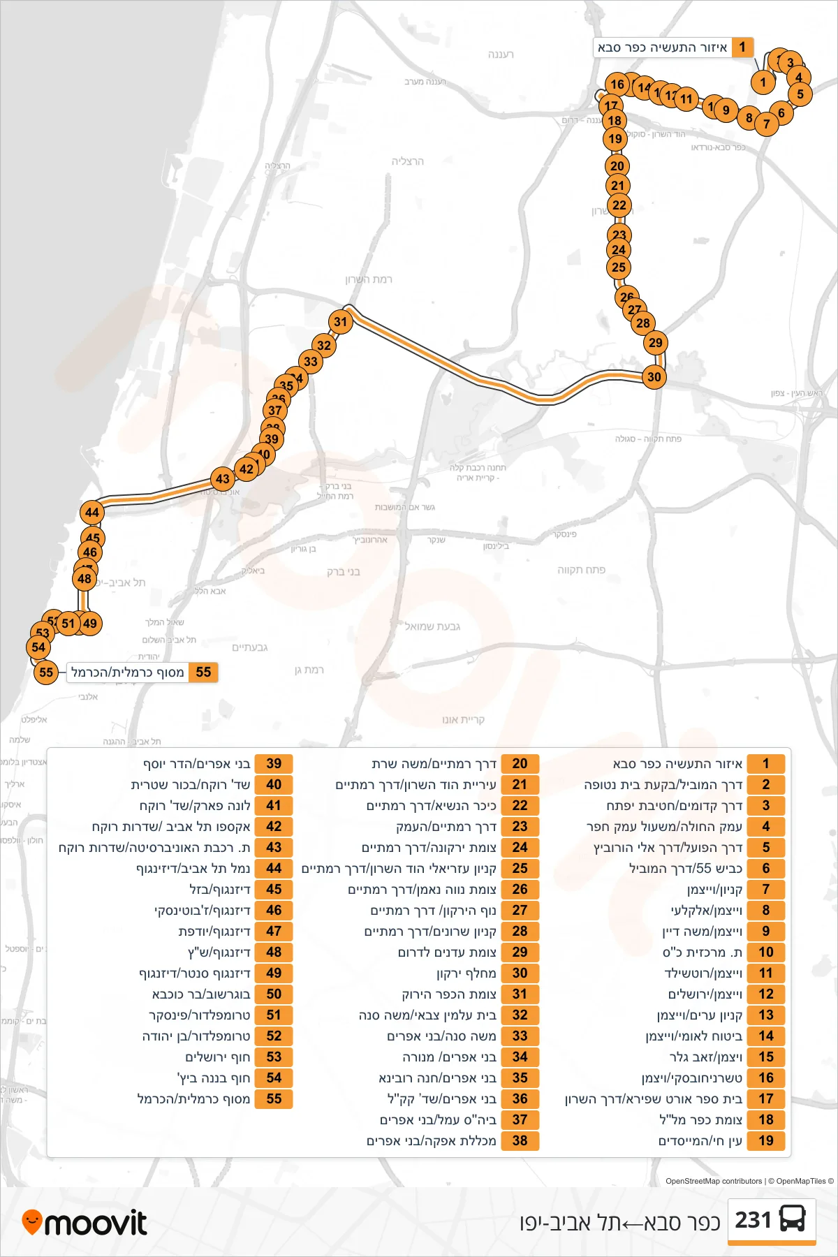 231 bus Line (Kfar Saba‎→Tel Aviv-Yafo) route and stops on a map