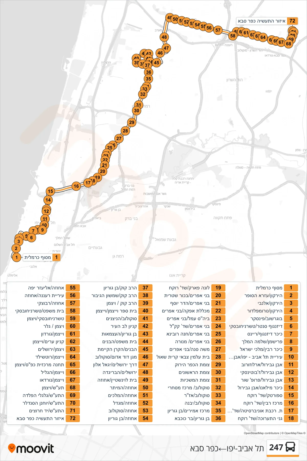 247 bus Line (Tel Aviv-Yafo‎→Kfar Saba) route and stops on a map