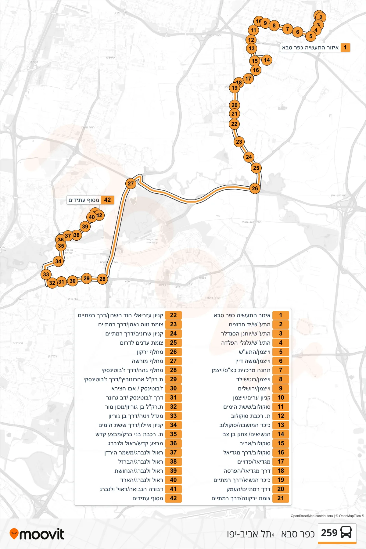 259 bus Line (Kfar Saba→Tel Aviv-Yafo) route and stops on a map