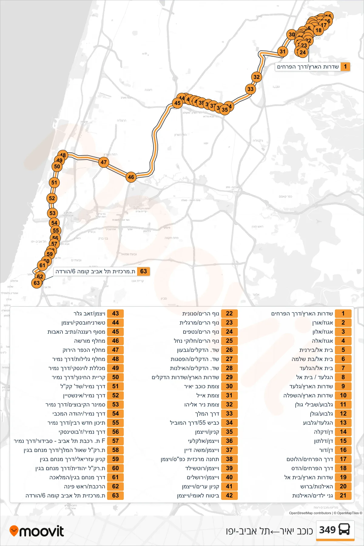 349 bus Line (Kokhav Yair‎→Tel Aviv-Yafo) route and stops on a map