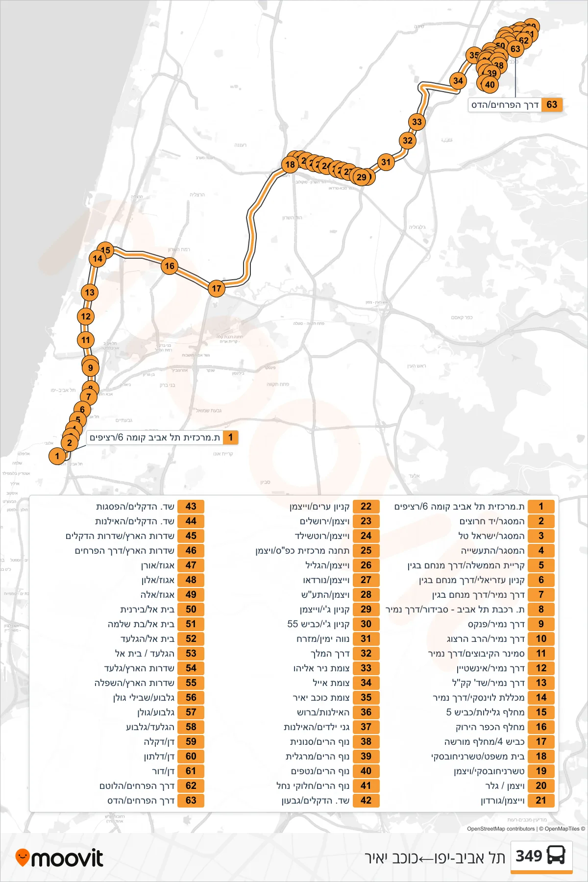 349 bus Line (Tel Aviv-Yafo→Kokhav Yair) route and stops on a map