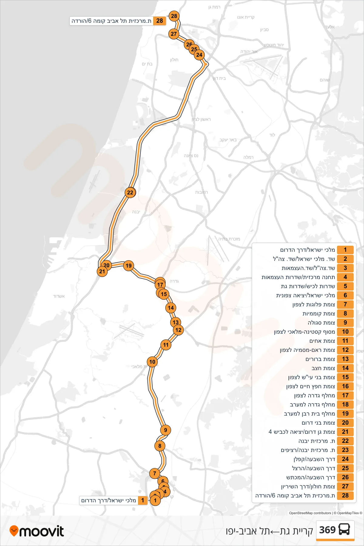 369 bus Line (Kiryat Gat‎→Tel Aviv-Yafo) route and stops on a map