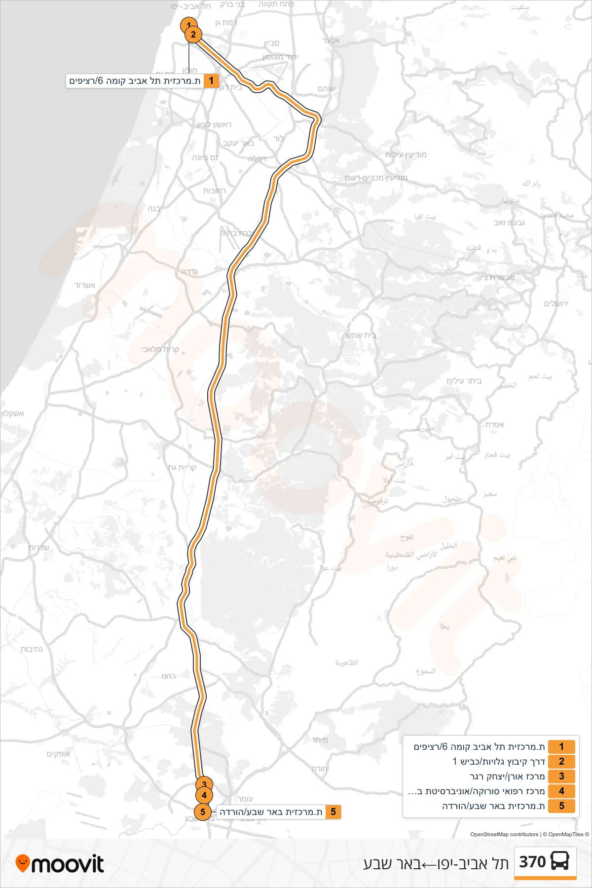 370 bus Line (Tel Aviv-Yafo‎→Beer Sheva) route and stops on a map