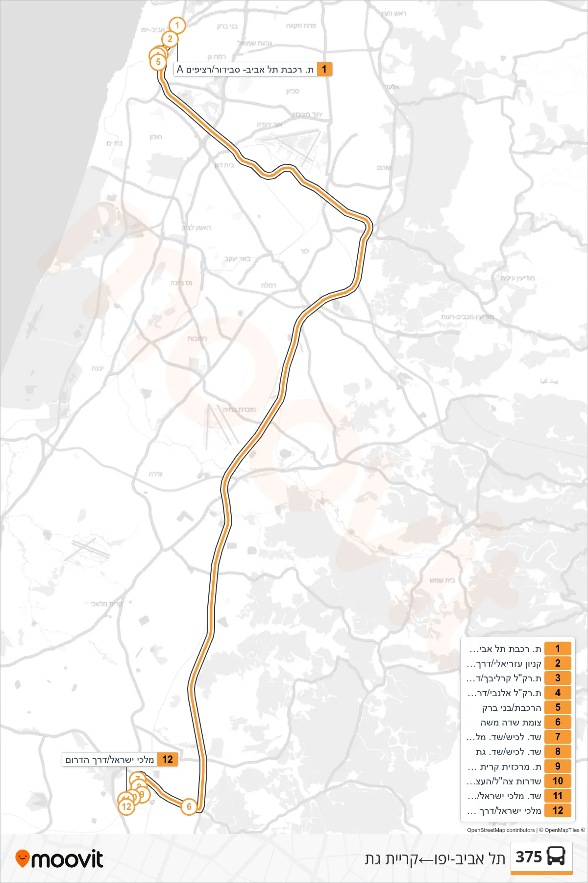 375 bus Line (Tel Aviv-Yafo‎→Kiryat Gat) route and stops on a map