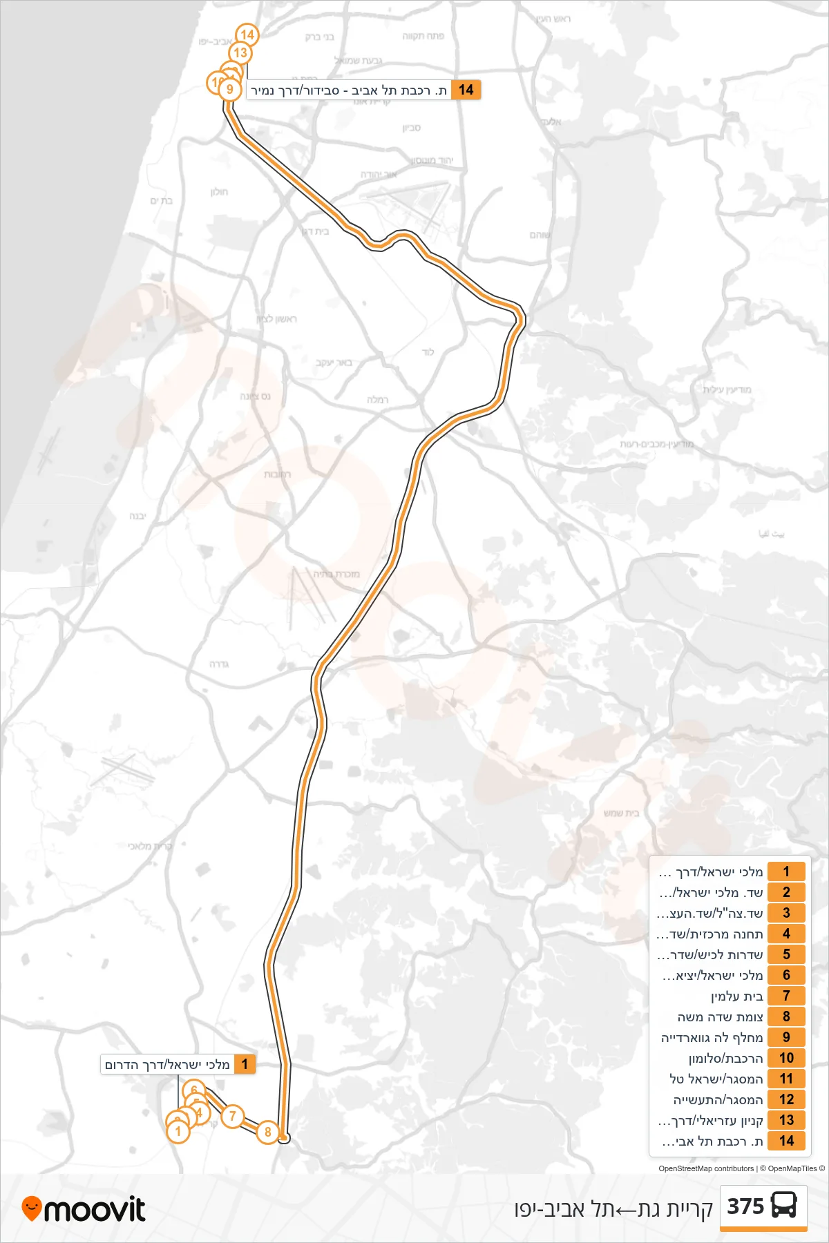 375 bus Line (Kiryat Gat‎→Tel Aviv-Yafo) route and stops on a map