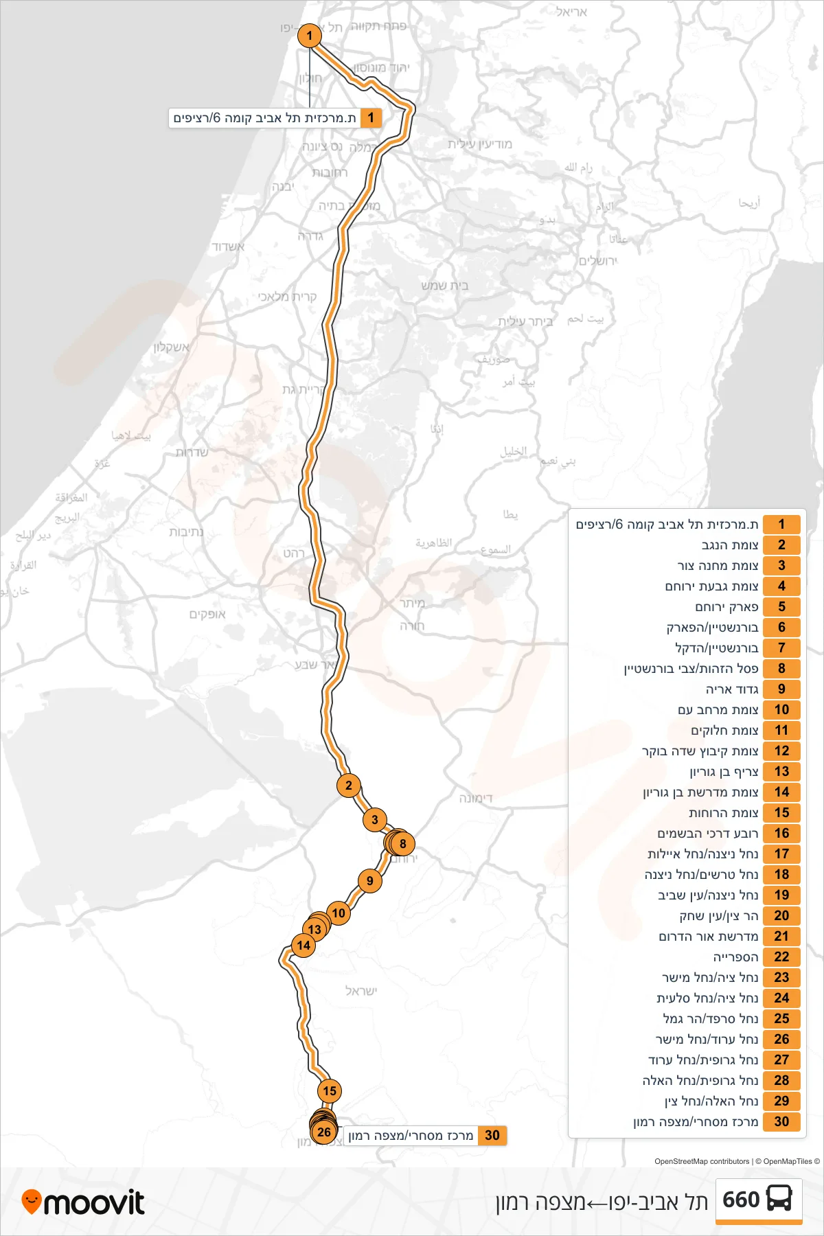 660 bus Line (Tel Aviv-Yafo‎→Mitzpe Ramon) route and stops on a map