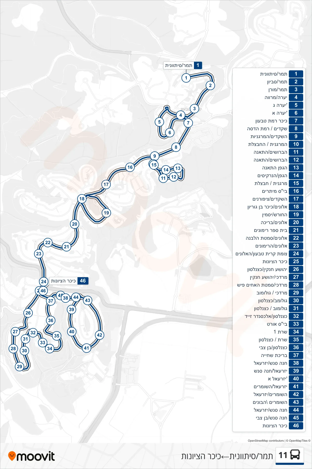 11 bus Line (Tamar/Sitvanit→Zionism Square) route and stops on a map
