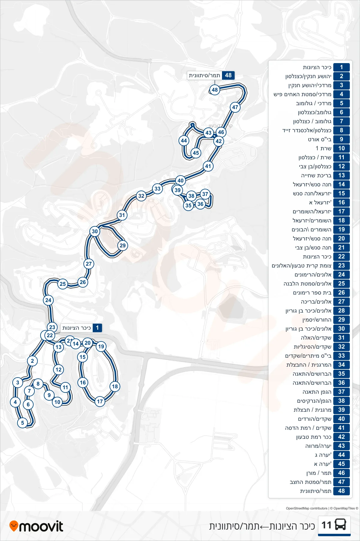 11 bus Line (Zionism Square‎→Tamar/Sitvanit) route and stops on a map
