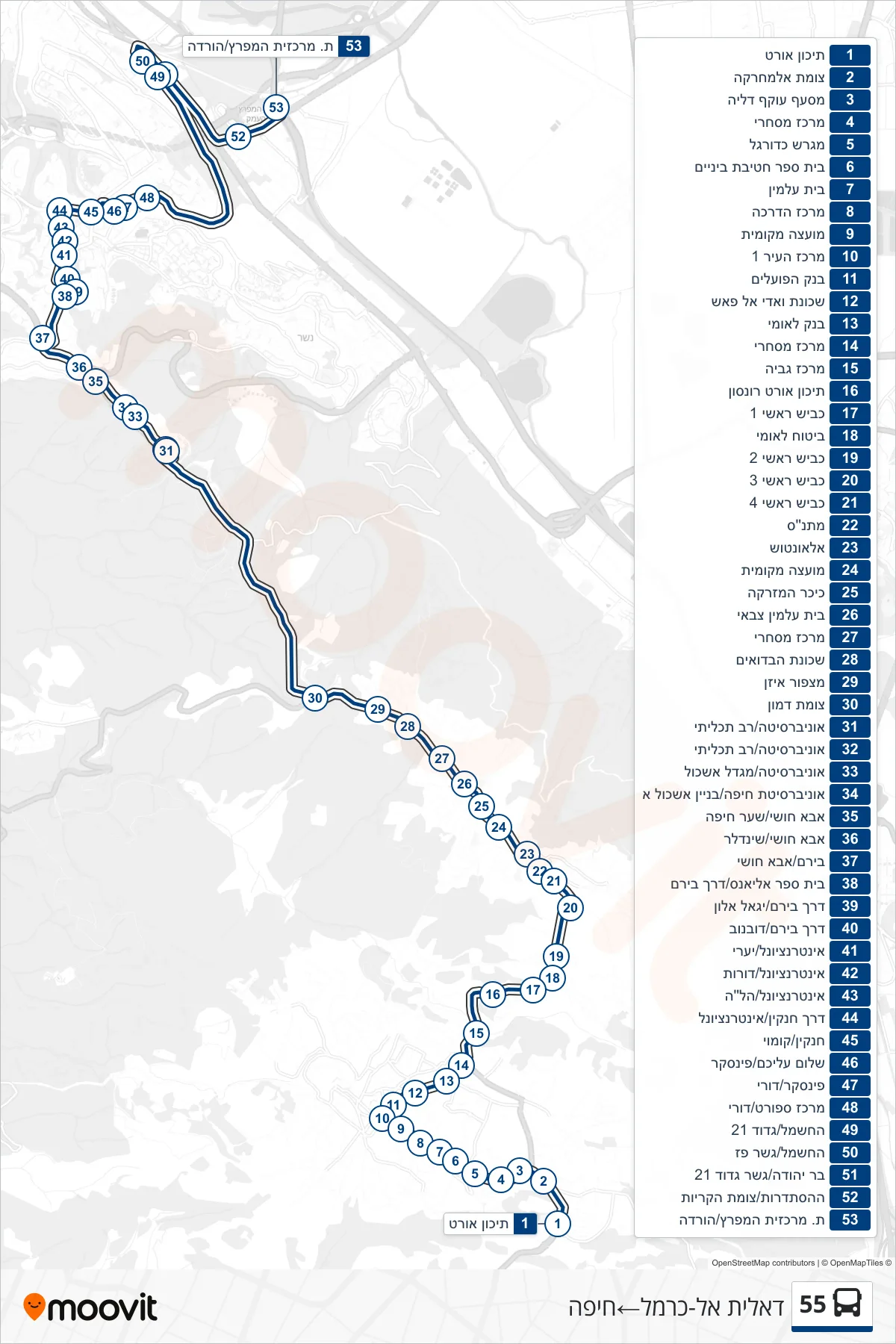 55 bus Line (Daliyat al-Karmel‎→Haifa) route and stops on a map