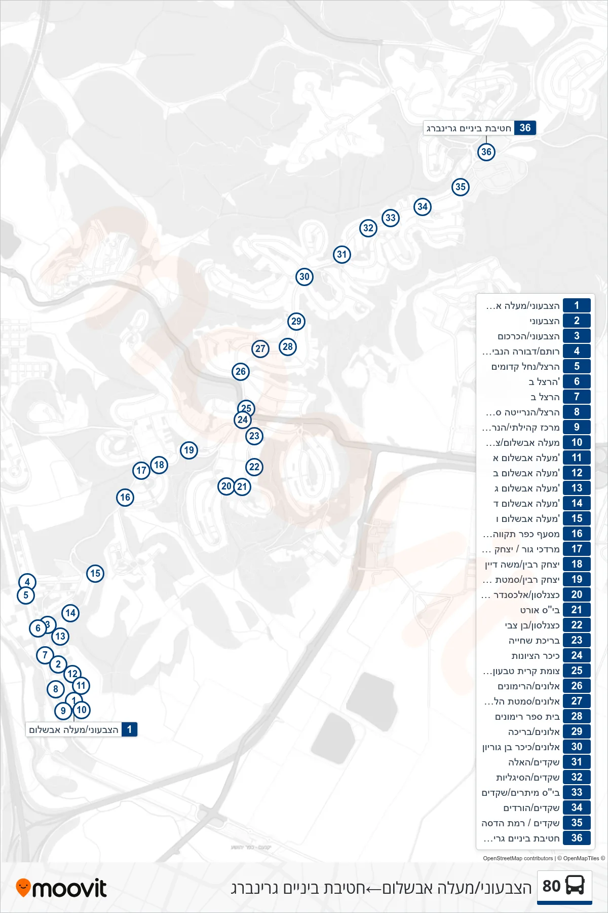80 bus Line (HaTzivoni/Maale Avshalom‎→Greenberg Middle School) route and stops on a map