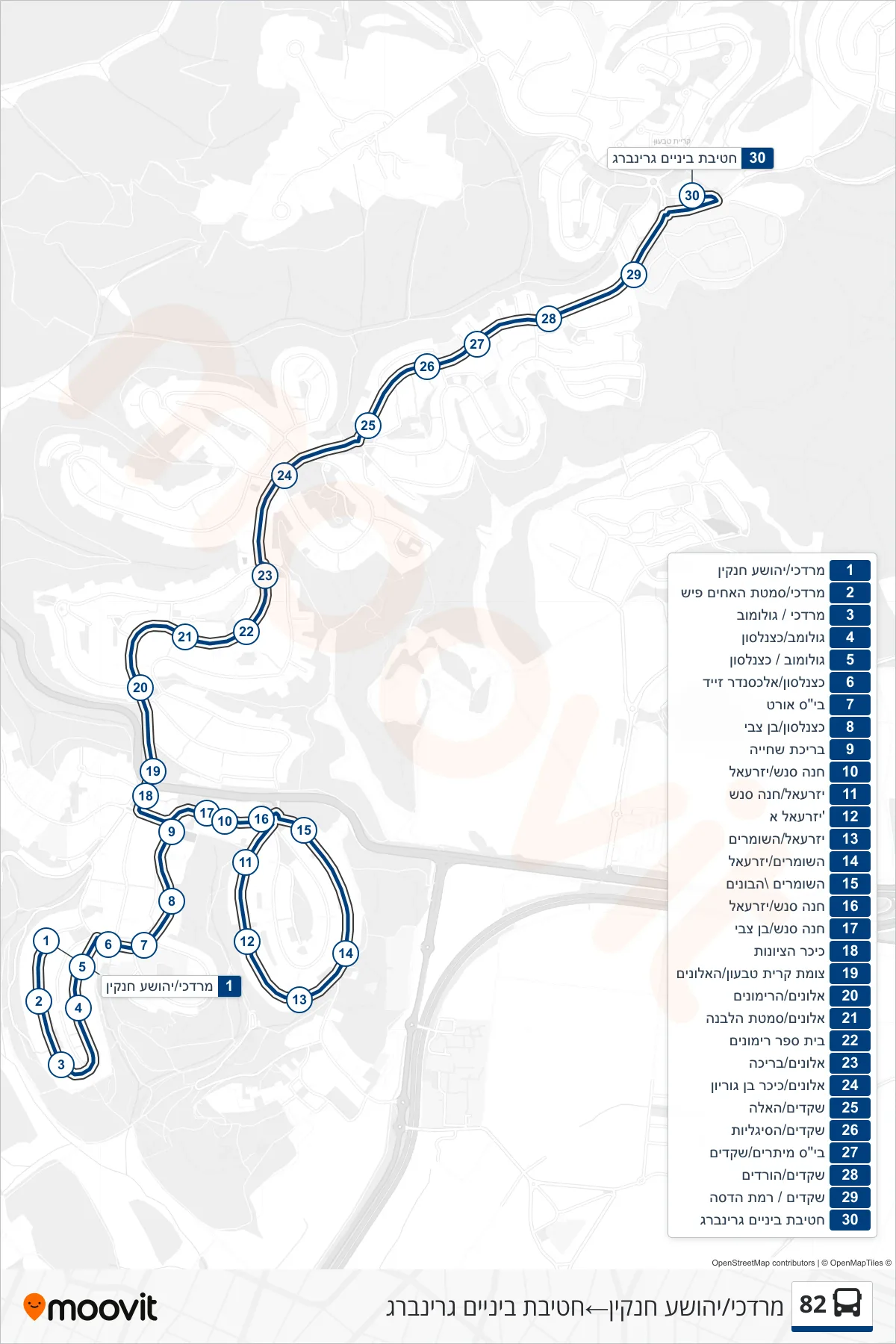 82 bus Line (Mordechai/Yehoshua Hankin→Greenberg Middle School) route and stops on a map