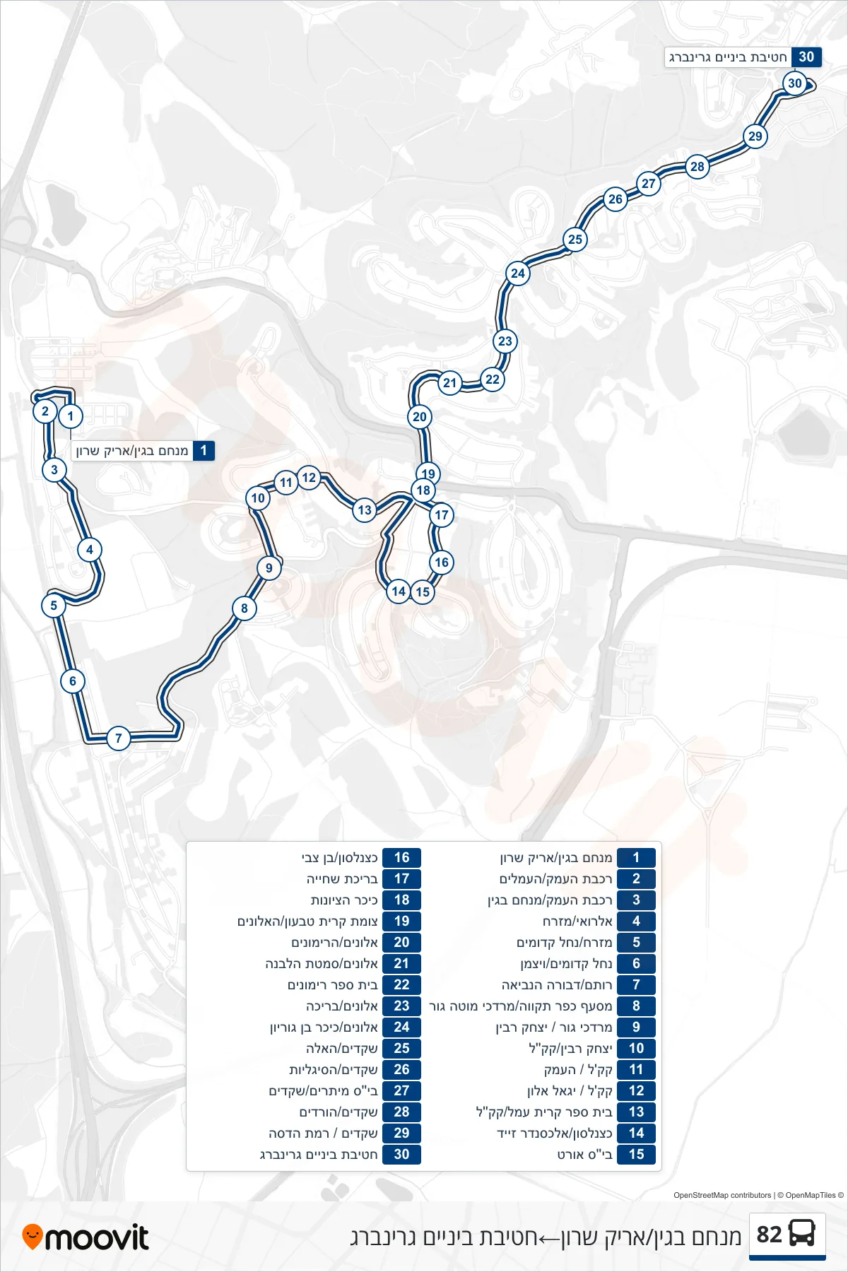 82 bus Line (Menachem Begin/Arik Sharon→Greenberg Middle School) route and stops on a map