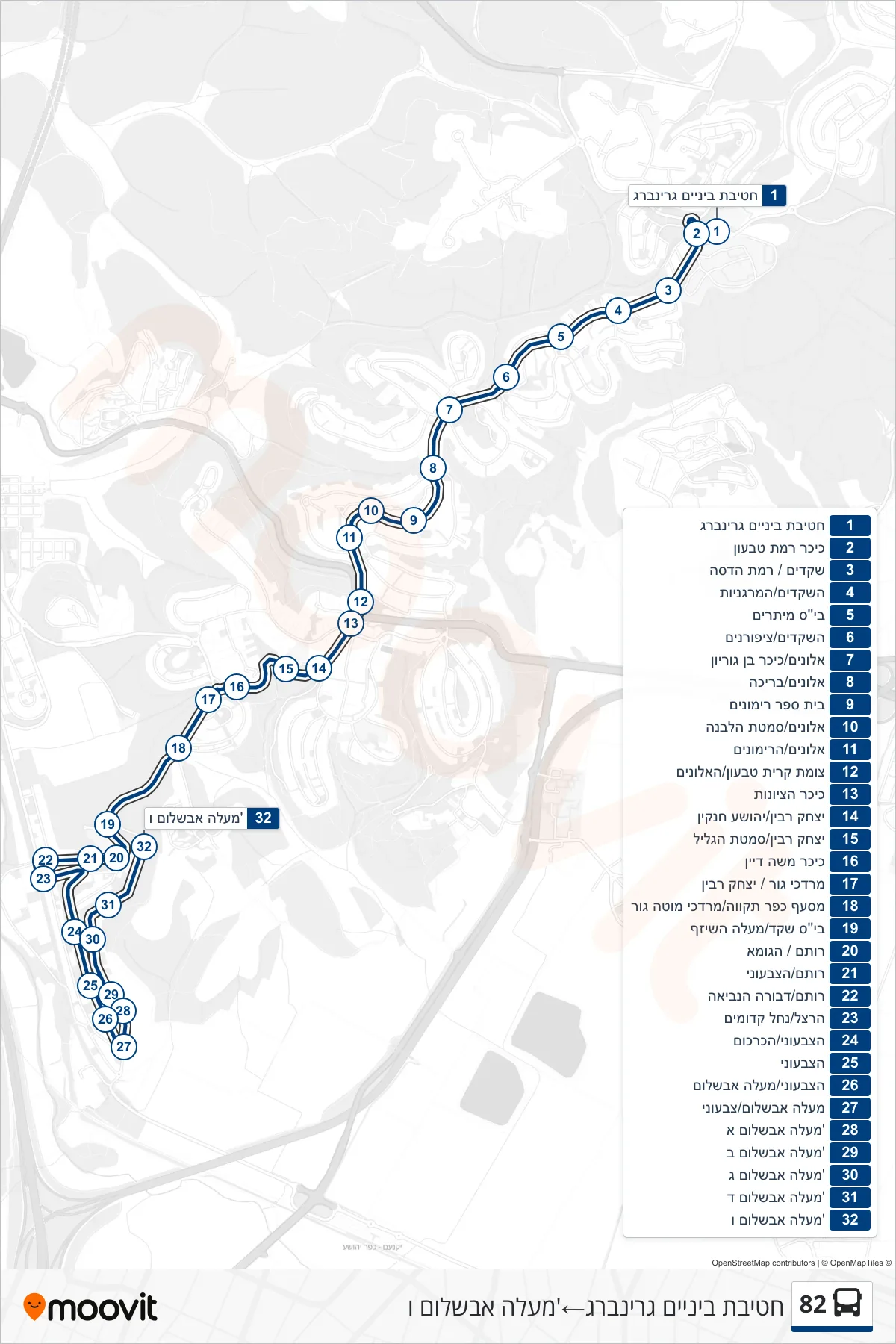 82 bus Line (Greenberg Middle School→Ma'ale Avshalom F) route and stops on a map