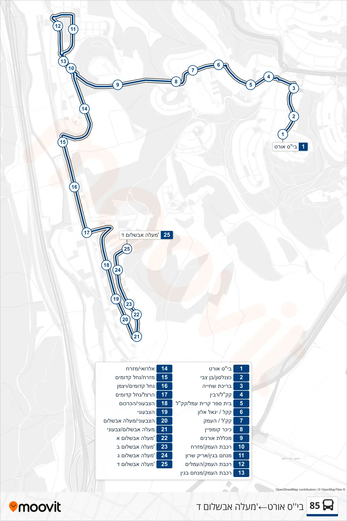 85 bus Line (Ort School‎→Ma'ale Avshalom D) route and stops on a map