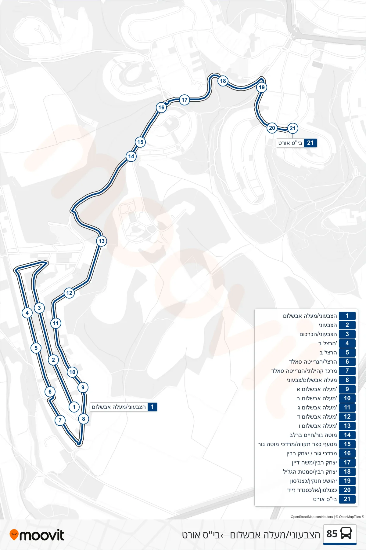 85 bus Line (HaTzivoni/Maale Avshalom‎→Ort School) route and stops on a map