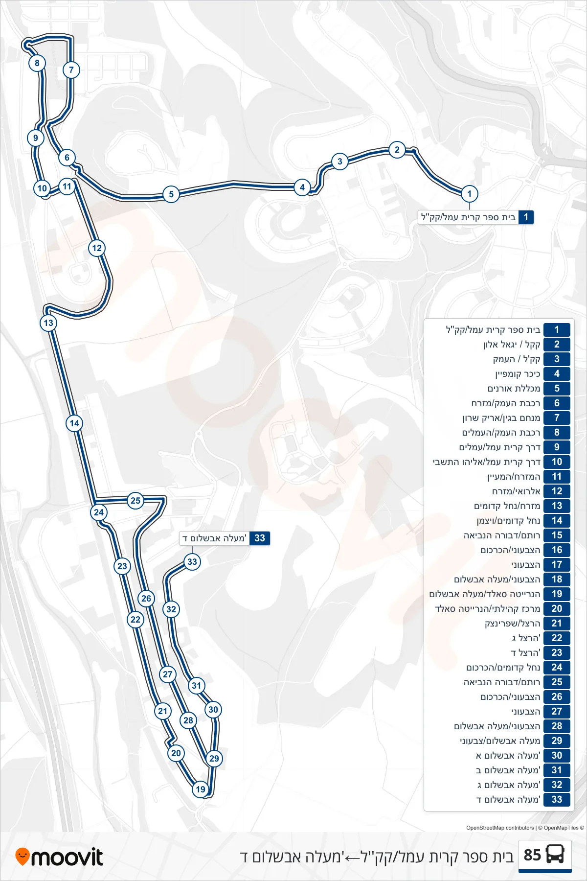 85 bus Line (Kiryat Amal School/KKL‎→Ma'ale Avshalom D) route and stops on a map