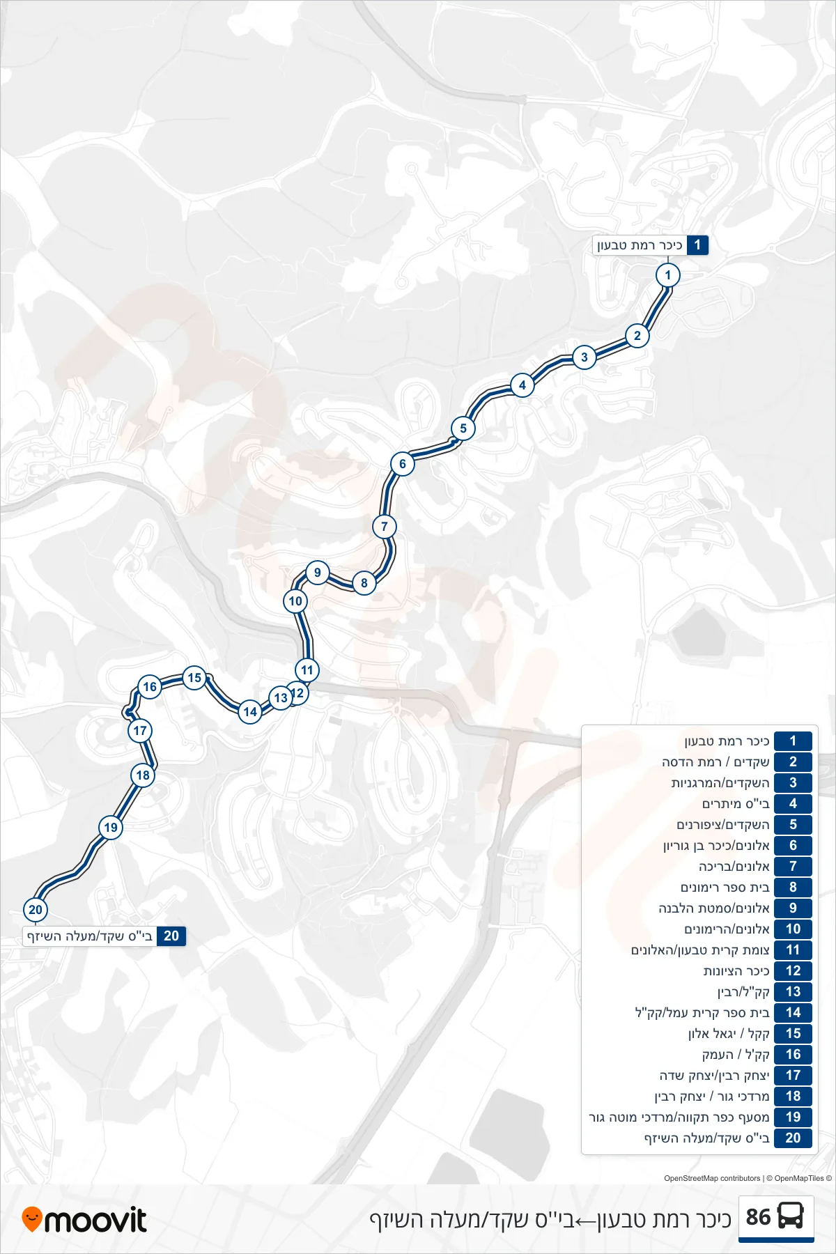 86 bus Line (Ramat Tivon Square‎→Shaked School/Maale HaShizaf) route and stops on a map