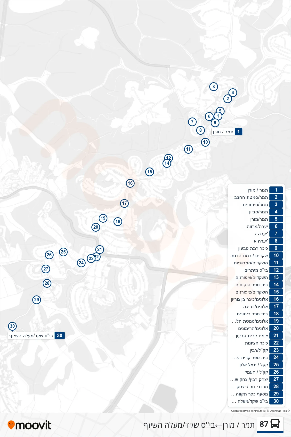 87 bus Line (Tamar/Moran‎→Shaked School/Maale HaShizaf) route and stops on a map