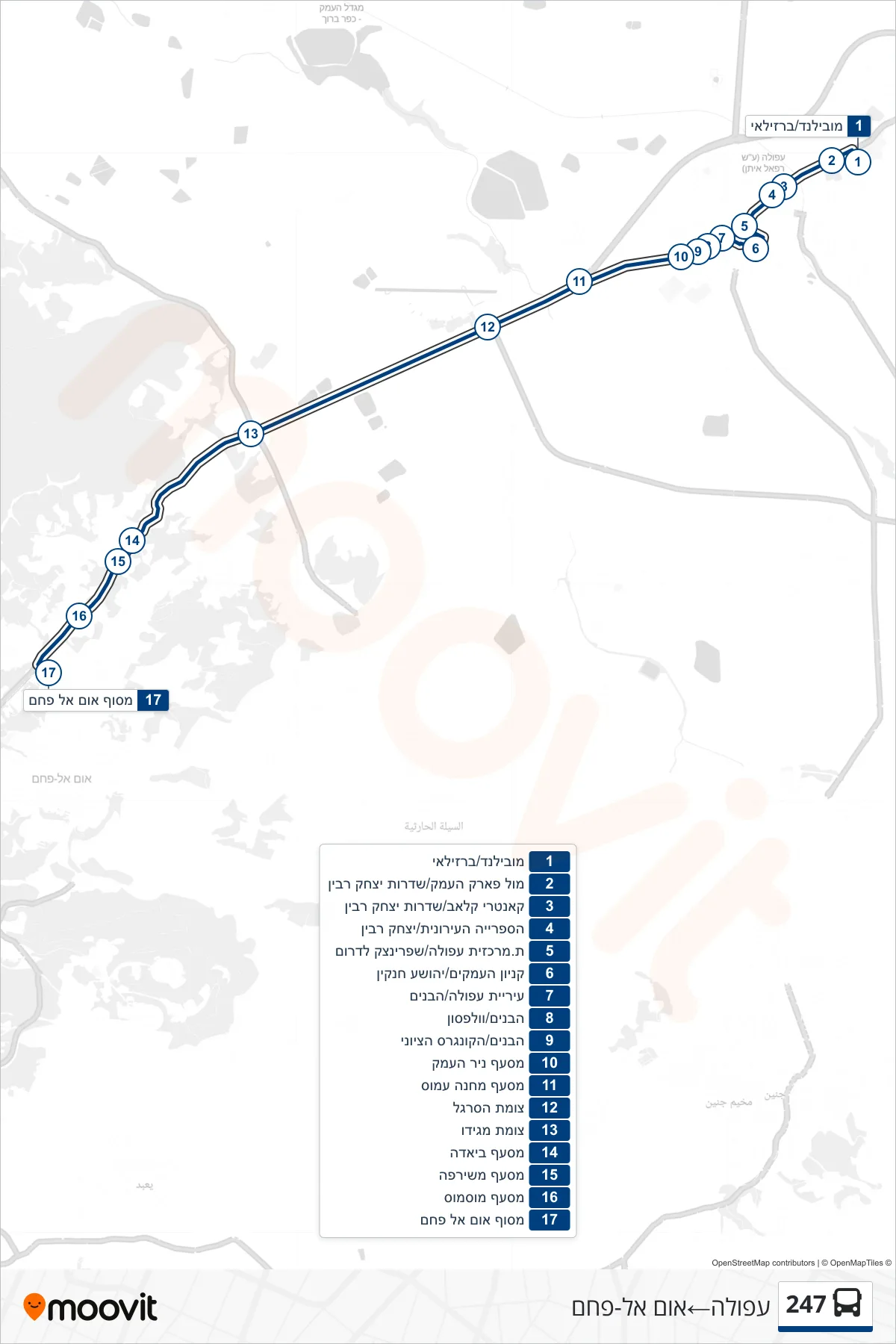 247 bus Line (Afula‎→Umm al-Fahm) route and stops on a map