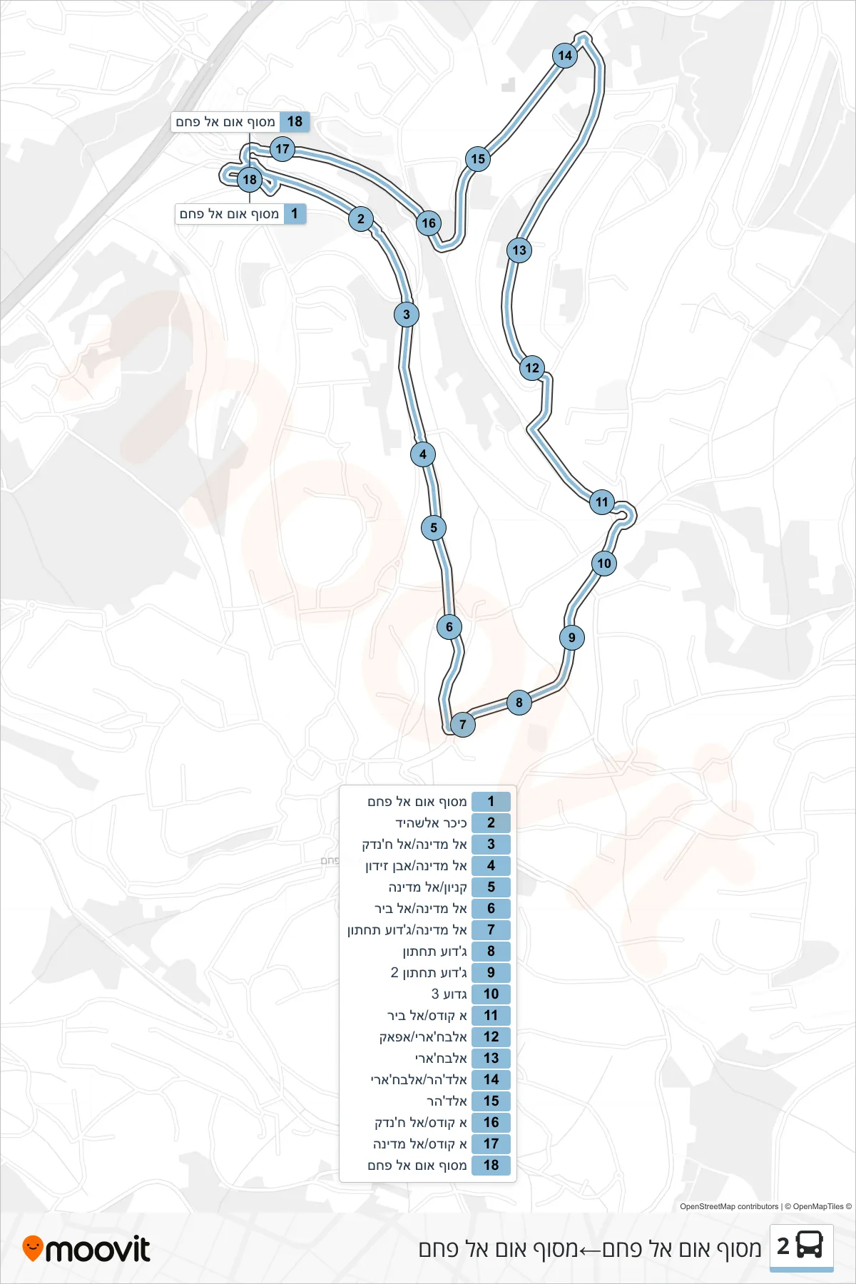 2 bus Line (Um al-Fahm Terminal‎→Um al-Fahm Terminal) route and stops on a map