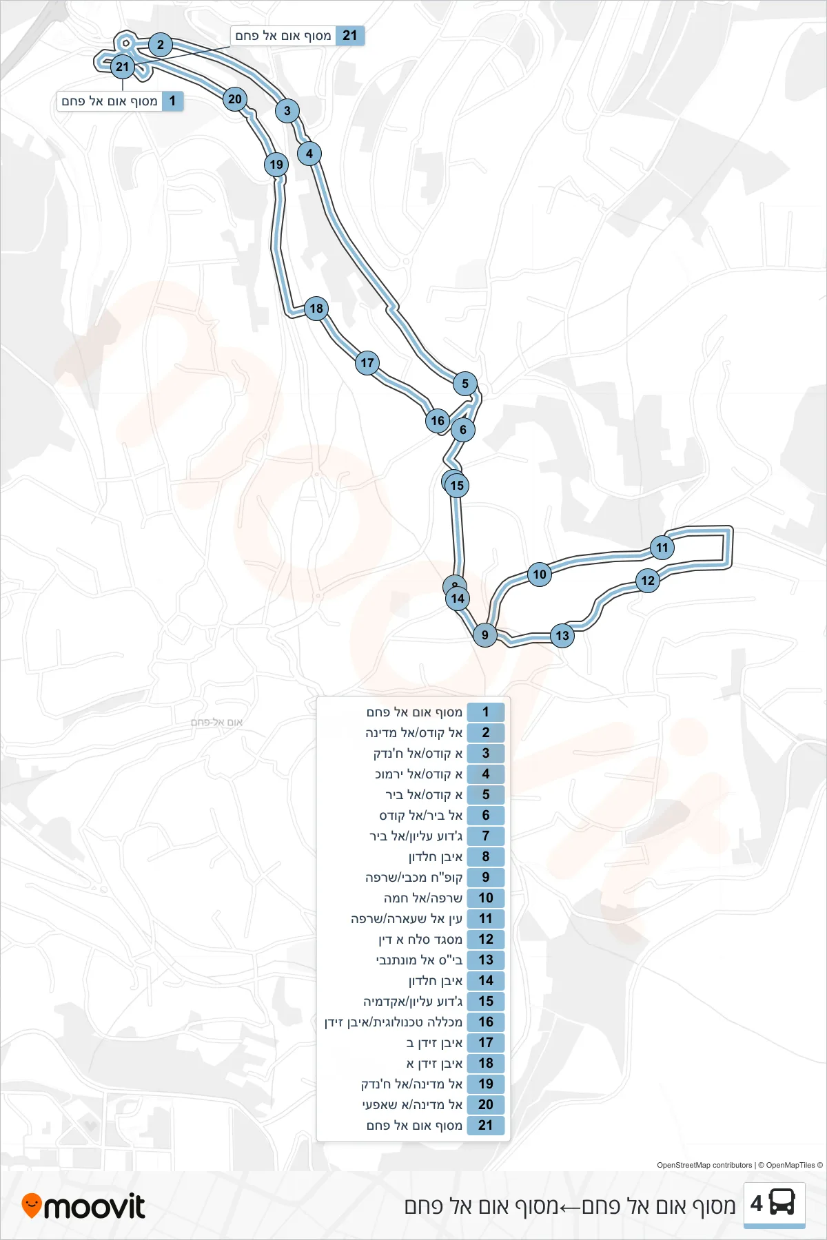 4 bus Line (Um al-Fahm Terminal‎→Um al-Fahm Terminal) route and stops on a map